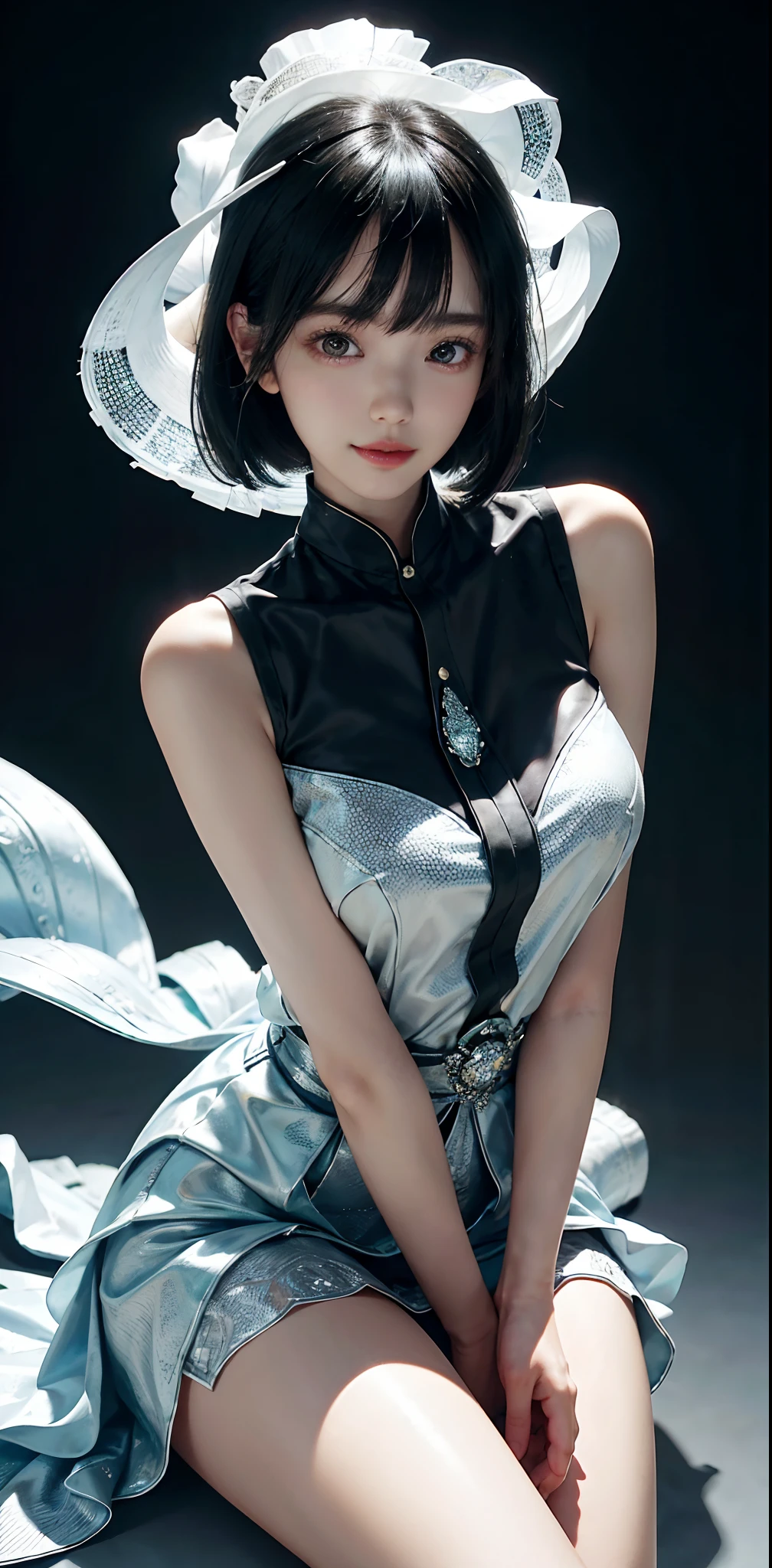 masterpiece, 1 beautiful girl, detailed eyes, puffy eyes, best quality, ultra high definition, (reality: 1.4), original photo, 1girl, cinematic lighting, Japan, asian beauty, korean, super beautiful, beautiful skin, slender, body facing front, (ultra-realistic), (high resolution), (8K), (very detailed), (best illustration), (beautifully detailed eyes), (ultra detailed) , detailed face, looking at the viewer, facing straight ahead, neat clothes, sleeveless, short hair, black hair, 46 points diagonal bangs, room based on white background tone, neat atmosphere, light smile