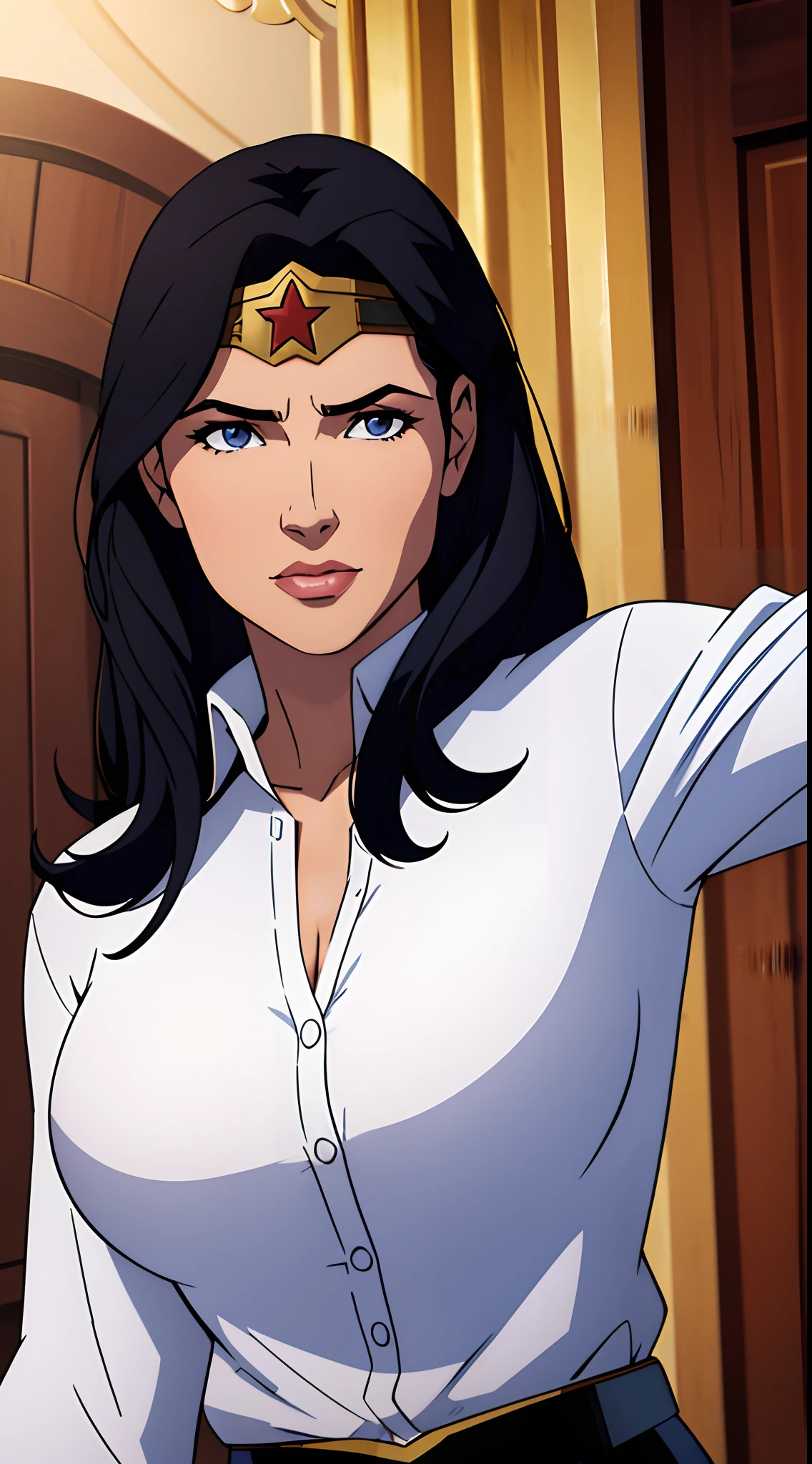 1 woman, solo, Diana Prince (Wonder Woman), mommy, strong, breast, upper body shot, skycrapers, ((masterpiece)), female focus, long hair, black hair, flowing hair, white formal shirt, face focus, soft smile, (normal outfit)