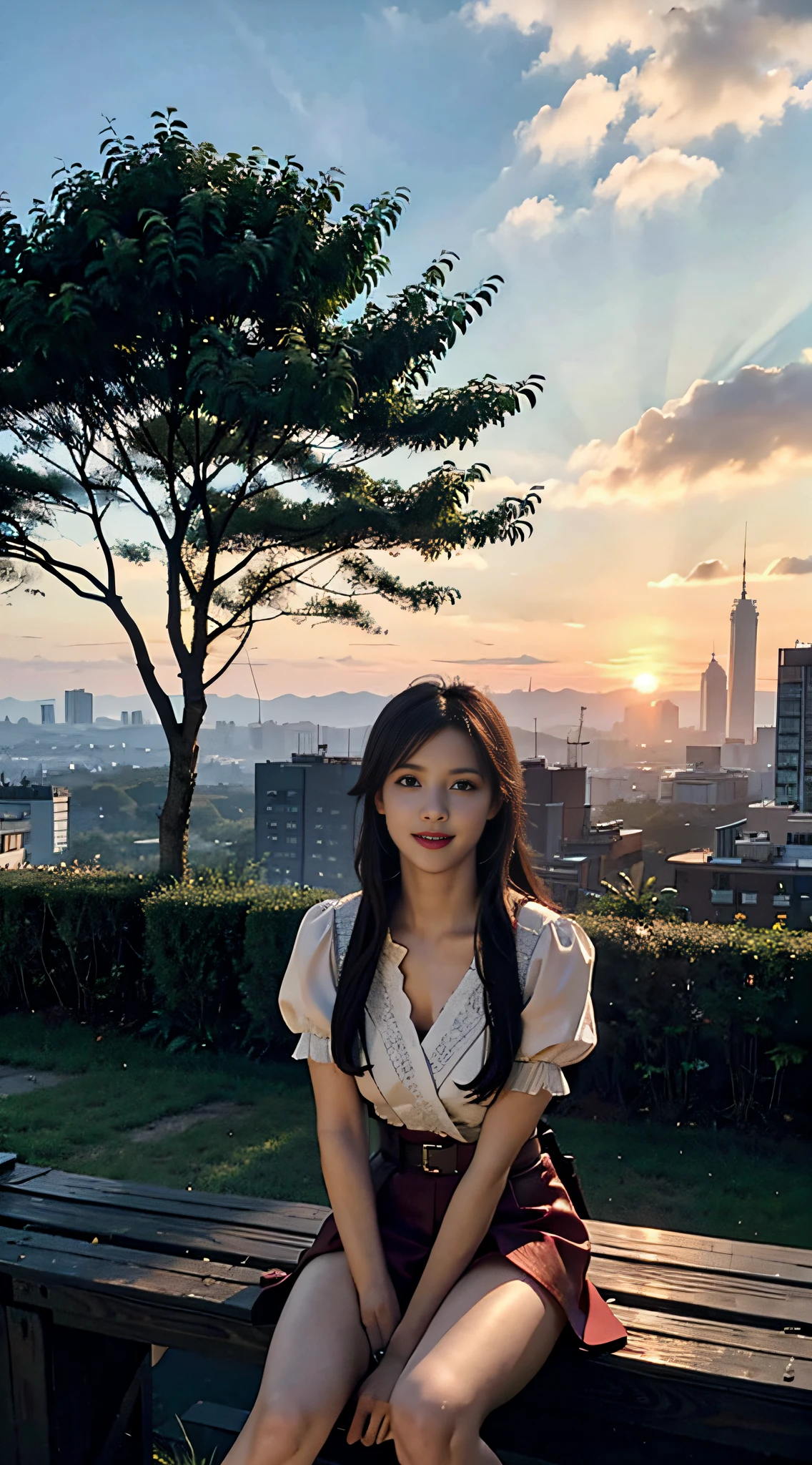 (Photorealistic: 1.4), of the highest quality, Very delicate and beautiful, High resolution, 1girl in,  the setting sun、realisitic，A vast city spreads out、The sun rises over the skyscraper army、The morning sun is beautiful、Horizon，composed々The sky is getting brighter、Huge autumn clouds、Vibrant colors、sitting on, The tree, length hair, 城市, silhuette, Cityscape,Real FF Tifa_lockhart,Red Eyes，red pupils， Smile, Cowboy Shot,  onepiece, Black hair, Medium Hair, elbow groves, Beautiful detailed red eyes, Face Light, Movie Lighting,  dynamicposes、The upper part of the body、