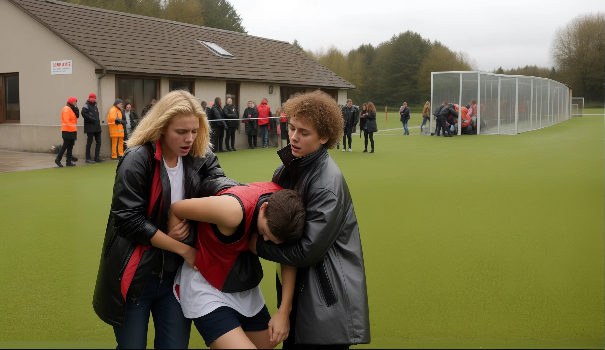 a sportsman in short and rough sportswear is collapsing into the girls' arms, a longhaired blond girl, a longhaired redhaired girl, a longhaired blond girl and a longhaired redhaired girl are holding together the fainting sportsman in their arms, a shorthaired sportsman in matte sportswear is collapsing with pain, he is fainting, two girls are holding him up, he is hanging in the girls' arms, girl in a laquered puffy coat, girl in a laquered downcoat, they are standing very close together, his arms are dangling, arm-in-arm, she is wearing shiny leather pants, she is grabbing his body, a shorthaired man in a matte tanktop and rough jeans, a shorthaired blond man in rough jeans, a girl in shiny leather pants, a shorthaired blond man in a matte tanktop, a girl with a very desperate facial expression, a girl in a high shine black down-coat, they are standing arm-in-arm, there is an attractive woman wearing a high-shine down-coat, a wetlook puffer-coat, a man is crying with sorrow, a woman is holding an injured shorthaired boy, there is a boy in rough jeans and a matte tanktop hugging a girl that is wearing a very shiny padded laquered coat, a shorthaired blond boy has a painful face and cannot walk, there is a girl giving support to an injured shorthaired boy, a wounded blond and shorthaired boy cannot walk and has to be supported by a girl, he is sinking into the girls' arms, a sad looking girl is carrying a wounded boy, masterpiece, jeans, boy in a matte cotton tanktop, super detailed background, detailed face, crying out, tears, desperation, pain, agony, accident pose, dramatic suffering pose, hands detailed hands, fingers:5, they are walking in the street together in the rain