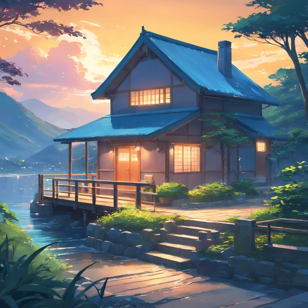 the night，Close-up of the cottage,small bridges， ross tran. scenery background, ryan dyar, environment painting, Beautiful oil matte painting, photorealistic landscapes, 4k hd matte digital painting, 8 k resolution digital painting, 8k resolution digital painting, hyperrealistic landscape, inspired by Raphael Lacoste, Illustration matte painting, beautiful digital painting