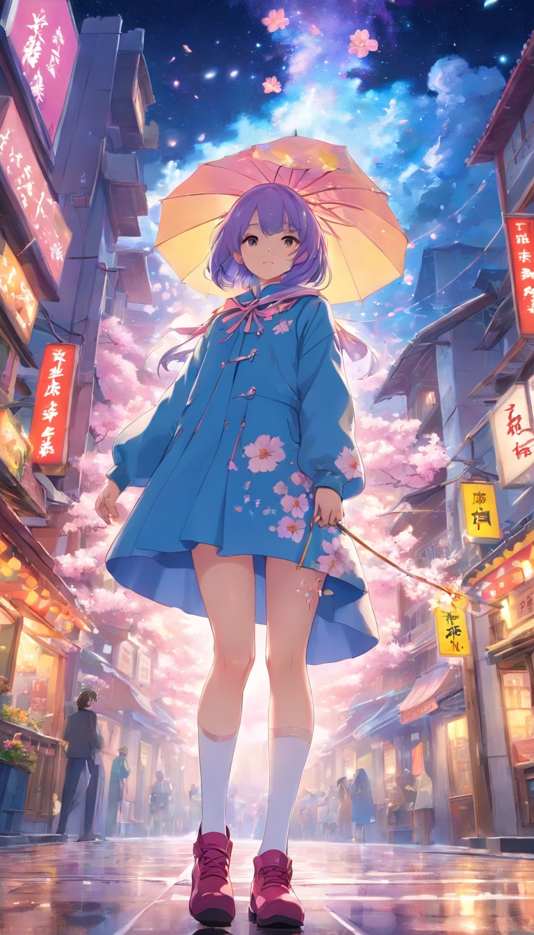 Dynamic Angle, ((Pose all over the body:1.5), (Colorful:1.2), (Extremely detailed CG Unity 16k wallpaper:1.1), (Noise Removal Strength: 1.45), (tmasterpiece:1.37), ((offcial art)), (Colorful:1.2), (Bare shoulders:0.85), ((terrazzo, Starry sky, (( 8K wallpaper)), Starry background, Ultra detailed, Beautiful and aesthetic, Beautiful, ultraclear, Best quality)), 1girll, (in clouds of smoke:1.1), (Dynamic smoke is everywhere:1.4), (1 Chinese pattern in the middle of the girl's forehead), A girl with a weak temperament, (epic cinematic), Soft natural light, rim-light, Absurd, Amazing, Funny, 复杂, ultra - detailed, Pink flowers, White, Pink flowers, Full-body image, Shen Lixin, ((Lace-up thigh boots)), full bodyesbian, Blunt bangs, a white long skirt,Printed with purple flowers and a blue veil adorned coat, (( brownfootwear)), White long sleeves, cross-laced footwear, side locks, Pale yellow hat, Red print white pantyhose, Yellow and blue flowers, Ayaka Kamisato, (Besis heroin), Slim, Ul, pastelcolor, god light, Sparkle, Glowing light, ((Masterpiece)), ((Best quality)), Masterpiece, Best quality, hyper HD, Award-Awarded