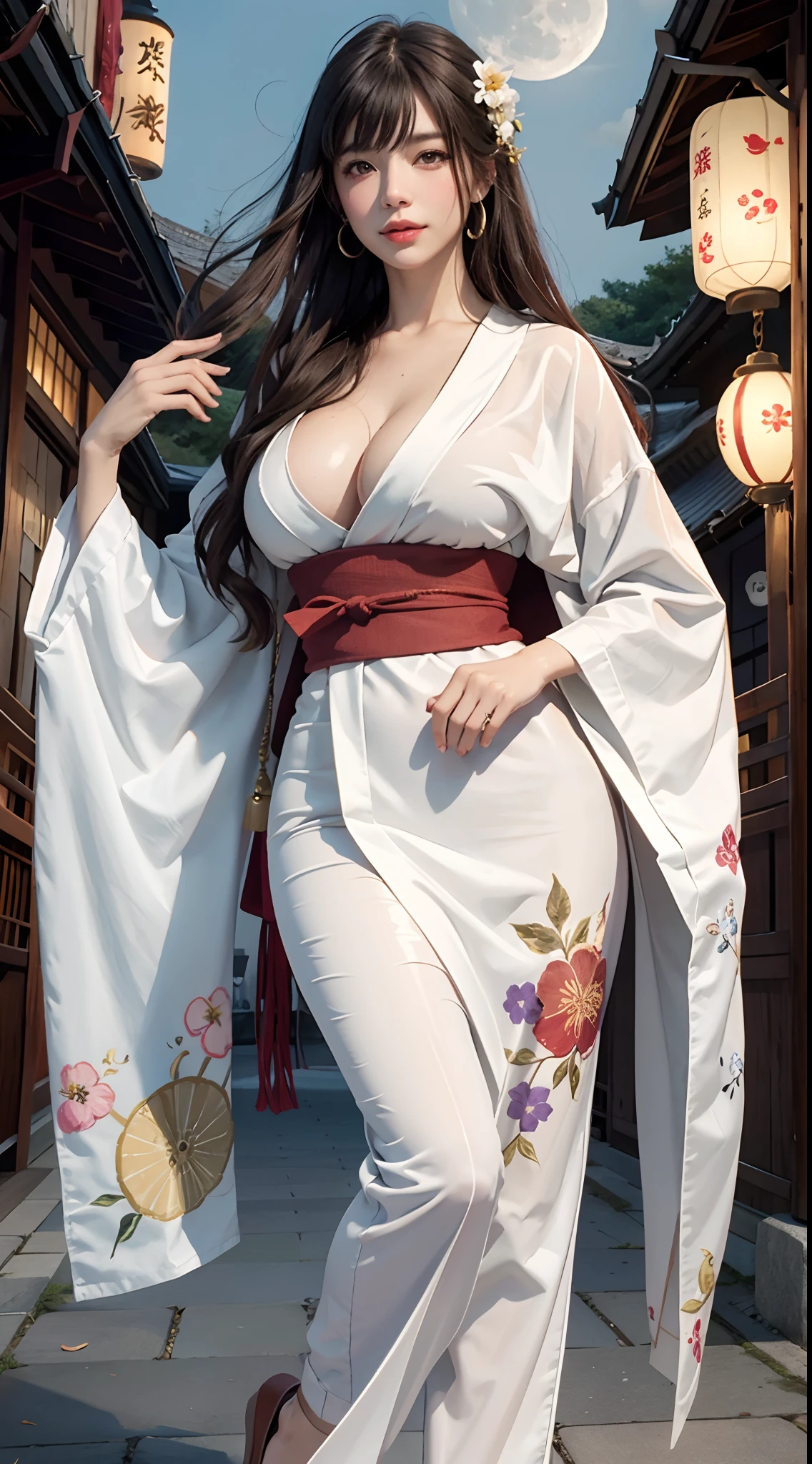 photorealistic, high resolution, soft lights, 1women, solo, hips up, shining skin, (detailed face), straight brown hair, blunt bangs,moon, lantern,alluring, solo, gigantic breasts, slim waist,wide hips,big cleavage,hair ornament, wet, kimono, japanese clothes,japanese clogs,walking in the crowded street, hair flower, flower, outdoors, sky,at night, full moon,short white yukata,light smile,visible nipple,blush,bust portrait