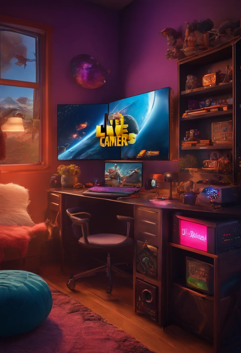 A picture of a colorful gamer's room,It has a computer and the word "live",ar,camera,UAVs,painting of a,cartoon image