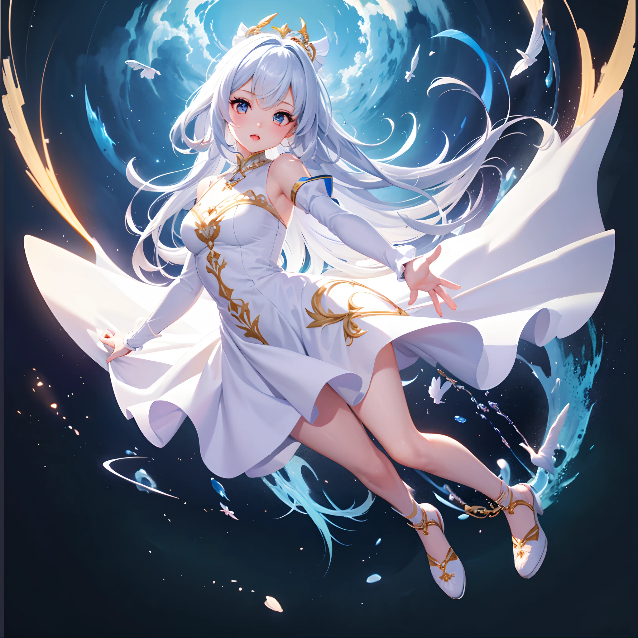 Illustration style, game character, cute girl in bright white gown, faith, unique, reaching for the sky, ((2D)), masterpiece, 8K, white background, ((full body)), super detailed face, beautiful