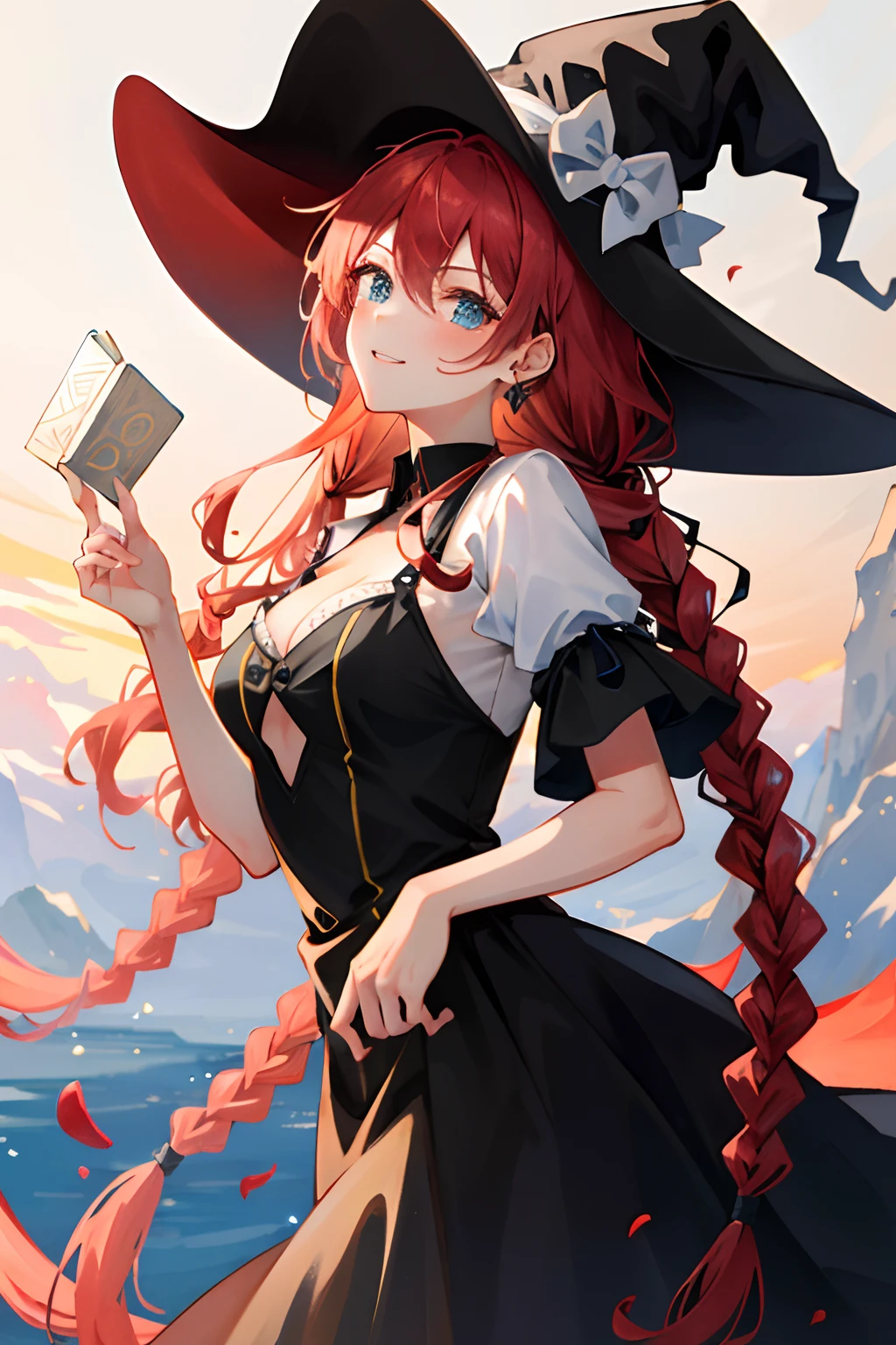 Meisterwerk, best qulaity, An extremely beautiful witch, weibliche Figur, two red braided braids, rote Haare, ultradetailliert, sehr detailliertes Gesicht, best qulaity,high-res, extrem detailliert, 1 junge Frau, best qulaity, Illustration, Blick auf den Betrachter, dunkelblaue Augen, Krone, Ballkleid, mit Raben, two red long braided braids, Braided red hairstyle with loose strands, Leinwand, Realistisch, echt, Anime, a beautiful woman, dunkelblaue Augen, hexe, dunkelblaue Augen, Feuermagie, Tarot, Mit Raben, Langes lockiges rotes Haar, two long red braided braids, large blue eyes, volle Lippen, Clever serious smile, strong-willed, serious view, Braided long red hairstyle with loose strands, red Hair, rotes Haar, voluminous red hair, dunkelblaue Augen, enchanting smile, best qulaity, liebteizende schwarze Ballkleid, Schmuck, mit Raben, ausgefallener prunkvoller Hexenhut, helle Augen, sinnlich aber stilvoll, dunkelblaue Augen, Zauberbuch, two braided long red braids, Krone, Ballkleid, Magie, Fantasie