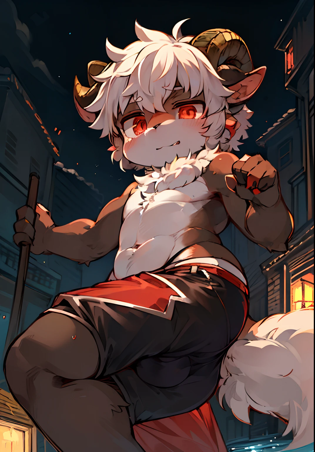 tmasterpiece,High quality,abstracted,digitial painting\ \'s(artwork of a),author:Dagasi Yupa, Kiyosan,(anthro,Furry Fur,Character focus:1.1),Anthropological ram,short detailed hair,sportrait,Eye brightness,in a panoramic view,The focal point of the character。(detailedbackground: 0.7),独奏,hairy pubic,shaggy male,malefocus, anthr,(Full Body Furry,sheep tail,Black fur,Red eyes,Sheep horns,Sheep's eye,sheep ears:1.2),(pecora,succubi,tight swimming trunks,Elevate your ass,Expose the testicles:1.2),(External,the night,the street:1.1)