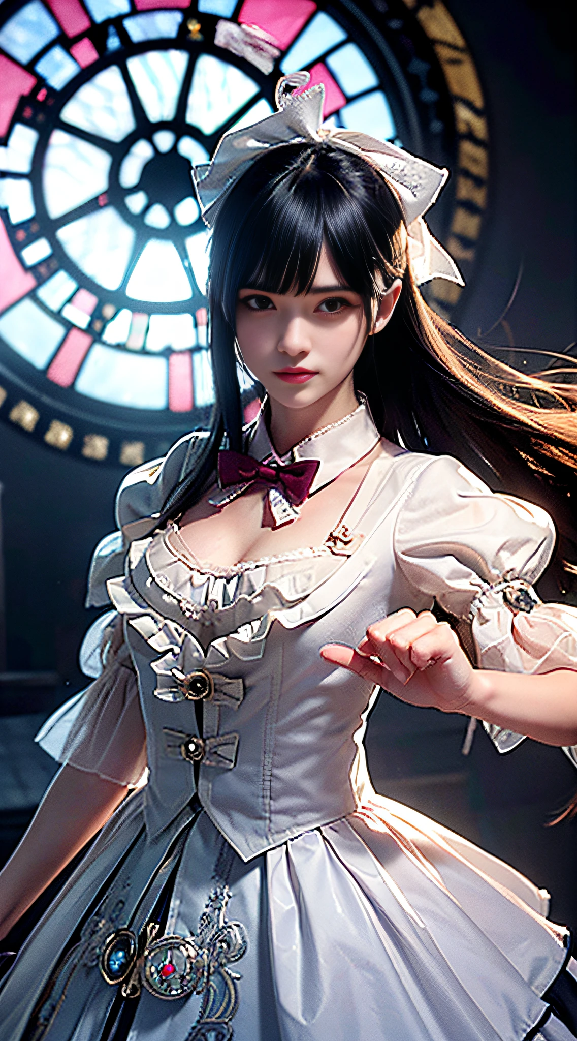 ((illustration)), ((floating hair)), ((chromatic aberration)), ((caustic)), lens flare, dynamic angle, ((portrait)), (1 girl), ((solo)), cute face, ((hidden hands)), asymmetrical bangs, (beautiful detailed eyes), eye shadow, ((huge clocks)), ((glass strips)), (floating glass fragments), ((colorful refraction)), (beautiful detailed sky), ((dark intense shadows)), ((cinematic lighting)), ((overexposure)), (expressionless), blank stare, big top sleeves, ((frills)), hair_ornament, ribbons, bowties, buttons, (((small breast))), pleated skirt, ((sharp focus)), ((masterpiece)), (((best quality))), ((extremely detailed)), colorful, hdr