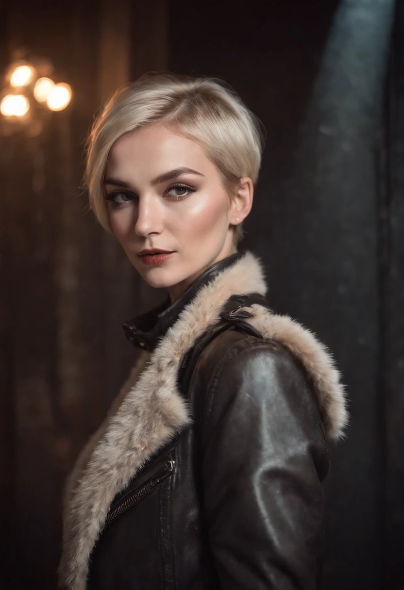 candid frontal closeup close up body portrait of a (Russian woman:1.2) model (with long Blonde Pixie Cut Haircut:1.2), (posing in Dazzling Ballroom with Shimmering Dance Floor and Twinkling Lights during Snow Level:1.1), (wearing Glamorous Hollywood Film Star Fashion with Satin Gowns and Fur Stoles:1.2), at dark night, moonlight, (naughty), (Saluting:1.1), Dappled light Hair light, (bright flash photography:1.2), Deep reds aesthetic, (beautiful eyes), (hard shadows, pitch black brackground,  unlit, dark theme, dim lighting, deep contrast:1.1), (background in focus), (wearing Futuristic Post-Apocalyptic Survivor Attire with Tattered Leather Jackets and Goggles:1.2), analog film grain overexposed blurry polaroid,medium close-up
