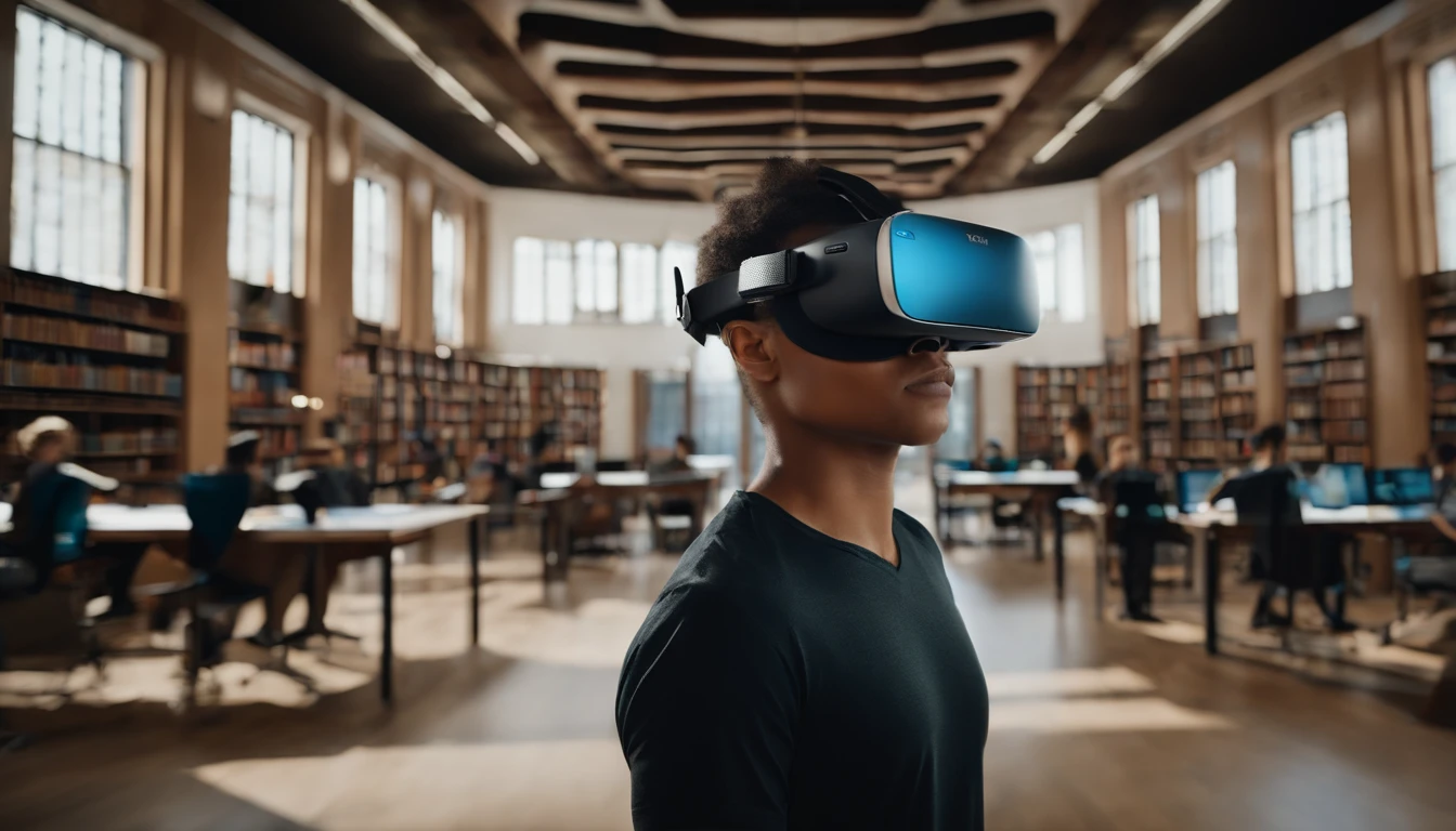 Female college student wearing virtual glasses，Male college student being recorded，A boy sitting at a desk sorting out his materials，group portraits，high detal，tmasterpiece，University life，artistic design，The background is the library, Fri, Virtual reality, Enhance vision, wearing vr goggles, Use a VR headset, vr goggles, vr headset, Wear a VR headset, Wear a VR headset, Wearing VR glasses, Immersive, Augmented reality, vr headset, Technology, VR glasses, digital reality, Wearing VR, detailed photo of virtual world