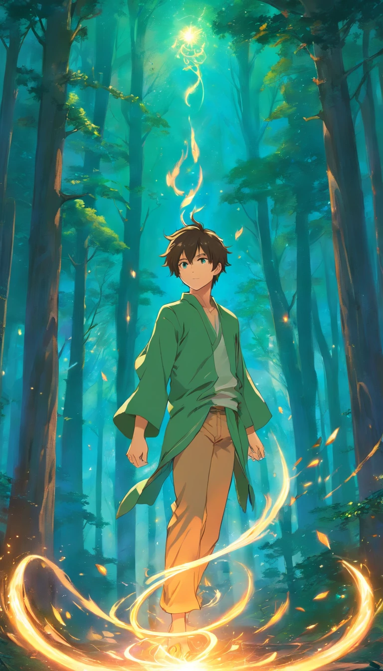 Amidst an ancient and overgrown forest, the essence of magic takes form through a young man, his hair as dark as the shadows and his eyes a radiant golden blaze. A mystical mark graces his neck, shimmering with latent power. Within a clearing, he stands engulfed in a cascading torrent of flames, the fire's heat tempered by an otherworldly energy. As the magical fire spirals and dances, it conjures a swirling dance of luminous particles, each a fragment of his ethereal aura. Arcane symbols materialize in midair, their glow casting an eerie light on his intense focus. The scene exudes a sense of ancient power and hidden knowledge, as if the woods themselves are alive with long-forgotten secrets. The mood is one of serene intensity, where the balance of nature and magic intertwine. The illustration style captures this mystical aura through detailed digital artistry, combining intricate linework with vibrant color palettes. --ar 16:9 --v 5