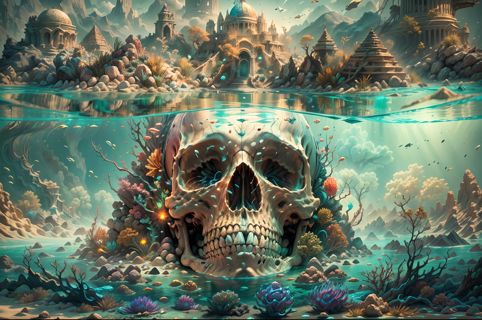 (best quality,4k,8k,highres,masterpiece:1.2), ultra-detailed,(realistic,photorealistic,photo-realistic:1.37), digital art, sandy skull, open mouth, a a desert island with a pyramid on the head of the skull as ahat, (the skull is partly submerged under water), super cool, digital medium, detailed cracks on the skull, sandy texture, hauntingly beautiful, surreal atmosphere, vibrant colors, dynamic lighting, sharp focus