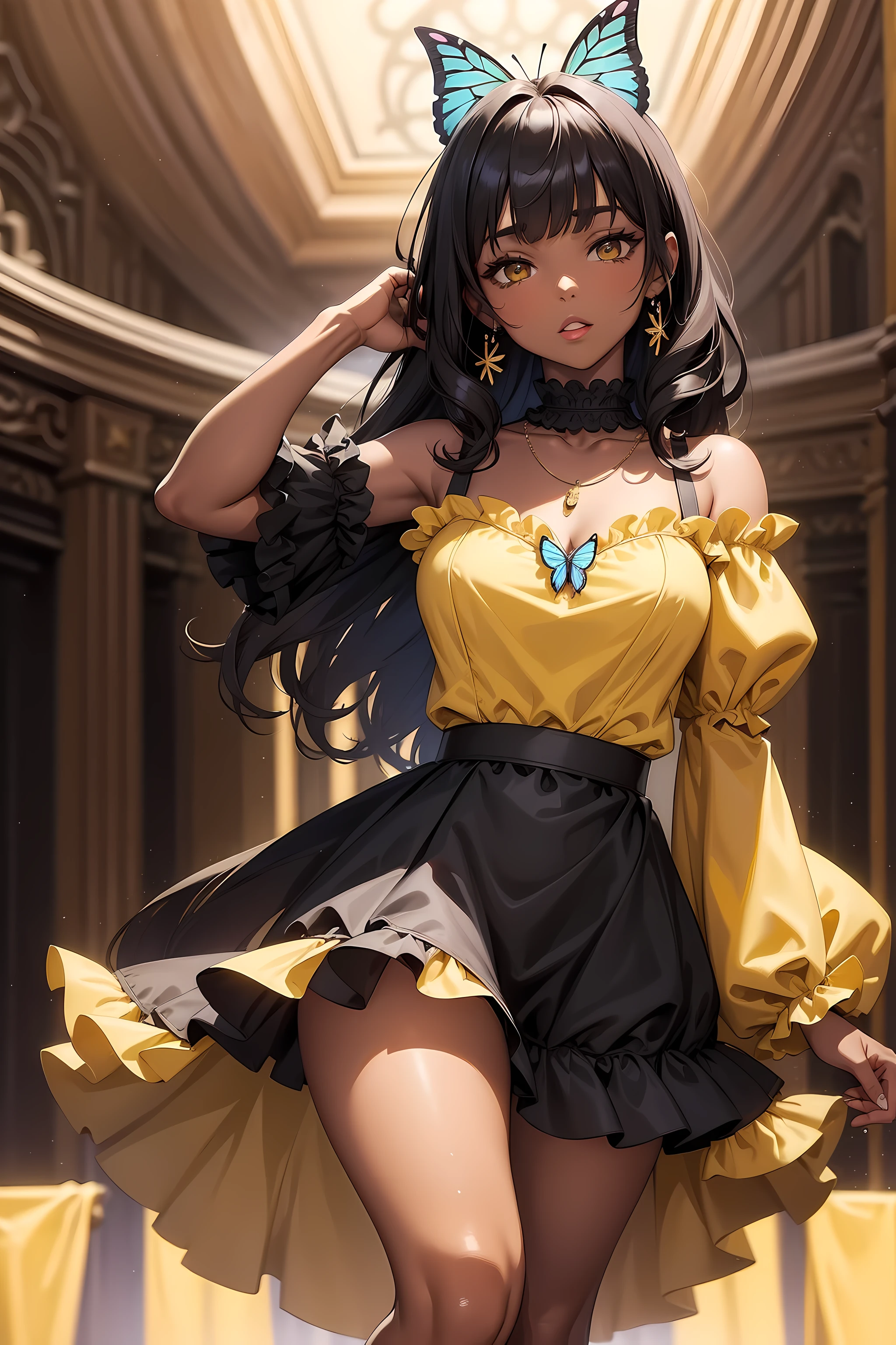 (((Masterpiece))), a influencer woman, top quality, super detailed, sweet and outgoing, club style, dark skin, permed black hair, bangs, Yellow Chiffon Ruched Sleeves Frill Hem Bodycon Dress, butterfly necklace, bow, Dance Club background