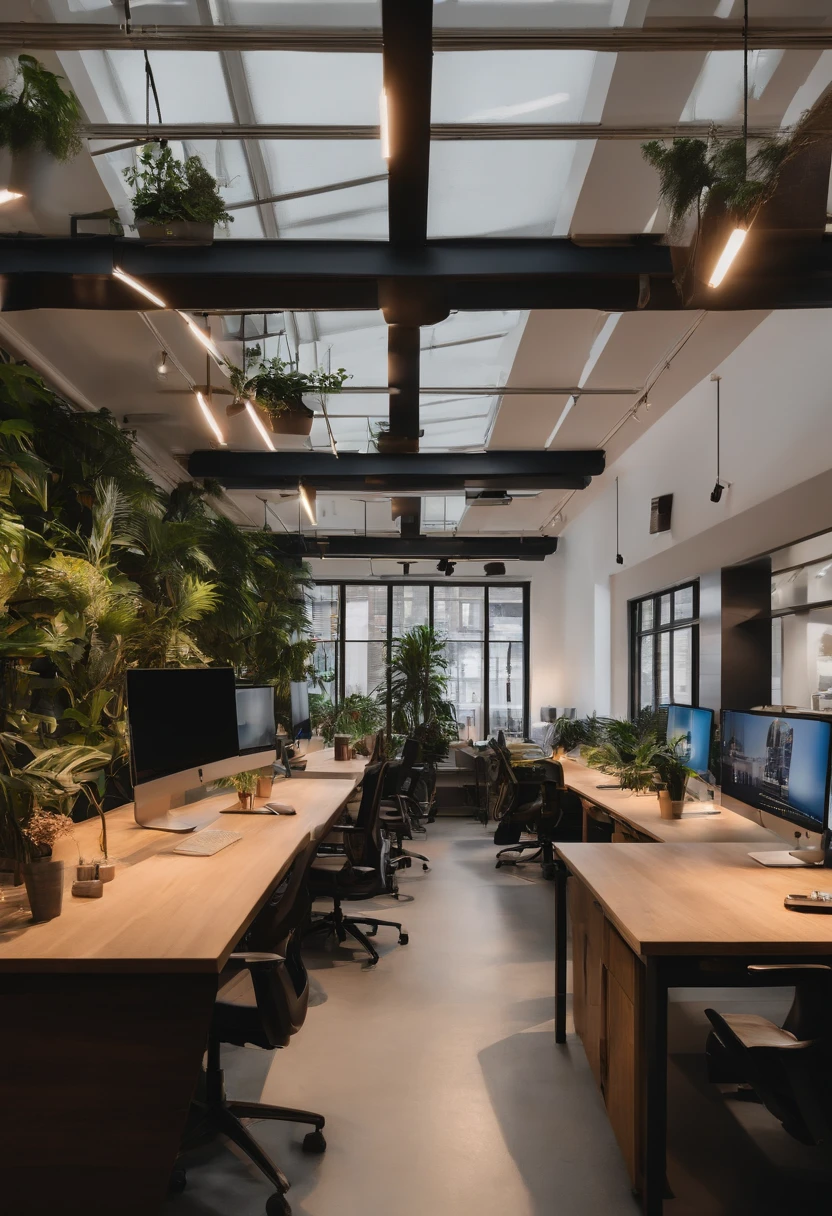 Open coworking space。Modern desks and chairs、a plant、Artwork is placed、Working people々collaborating and focused。