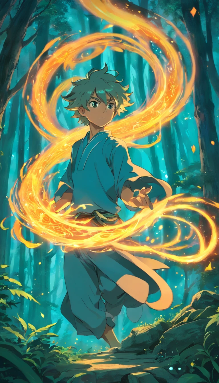 Amidst an ancient and overgrown forest, the essence of magic takes form through a young man, his hair as dark as the shadows and his eyes a radiant golden blaze. A mystical mark graces his neck, shimmering with latent power. Within a clearing, he stands engulfed in a cascading torrent of flames, the fire's heat tempered by an otherworldly energy. As the magical fire spirals and dances, it conjures a swirling dance of luminous particles, each a fragment of his ethereal aura. Arcane symbols materialize in midair, their glow casting an eerie light on his intense focus. The scene exudes a sense of ancient power and hidden knowledge, as if the woods themselves are alive with long-forgotten secrets. The mood is one of serene intensity, where the balance of nature and magic intertwine. The illustration style captures this mystical aura through detailed digital artistry, combining intricate linework with vibrant color palettes. --ar 16:9 --v 5