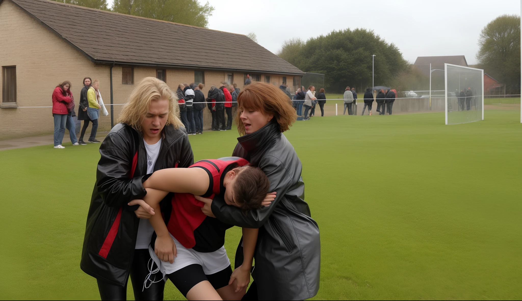 a blond woman in a shiny black coat, a redhaired woman in a shiny black coat, a sportsman in short and rough sportswear is collapsing into the girls' arms, a longhaired blond girl, a longhaired redhaired girl, a longhaired blond girl and a longhaired redhaired girl are holding together the fainting sportsman in their arms, a shorthaired sportsman in matte sportswear is collapsing with pain, he is fainting, two girls are holding him up, he is hanging in the girls' arms, girl in a laquered puffy coat, girl in a laquered downcoat, they are standing very close together, his arms are dangling, arm-in-arm, she is wearing shiny leather pants, she is grabbing his body, a shorthaired man in a matte tanktop and rough jeans, a shorthaired blond man in rough jeans, a girl in shiny leather pants, a shorthaired blond man in a matte tanktop, a girl with a very desperate facial expression, a girl in a high shine black down-coat, they are standing arm-in-arm, there is an attractive woman wearing a high-shine down-coat, a wetlook puffer-coat, a man is crying with sorrow, a woman is holding an injured shorthaired boy, there is a boy in rough jeans and a matte tanktop hugging a girl that is wearing a very shiny padded laquered coat, a shorthaired blond boy has a painful face and cannot walk, there is a girl giving support to an injured shorthaired boy, a wounded blond and shorthaired boy cannot walk and has to be supported by a girl, he is sinking into the girls' arms, a sad looking girl is carrying a wounded boy, masterpiece, jeans, boy in a matte cotton tanktop, super detailed background, detailed face, crying out, tears, desperation, pain, agony, accident pose, dramatic suffering pose, hands detailed hands, fingers:5, they are walking in the street together in the rain