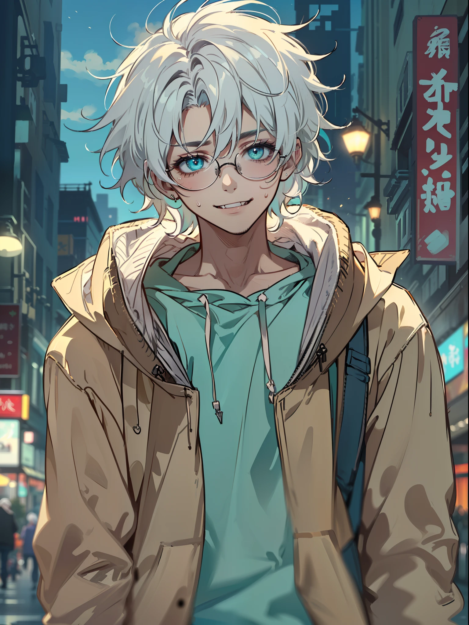 ((Highest Quality, Masterpiece, 4k, Finely detailed, A detailed eye, Detailed Face, gelbooru, pixiv)), ((独奏)), 1 male, (a handsome, male, adult man, wide shoulders), (Smiling, Showing fangs, looking a viewer), ((lazy eyes, Tired eyes, With half-lid, bags under eyes, turquoise eyes, Stylish glasses,((Dark hoodie, sweatpants)), ((white hair, mid length hair, shaggy hair style, messy hair)),Shaved whiskey, (Background of the city at night, Standing with your hands in the pockets of your hoodie)
