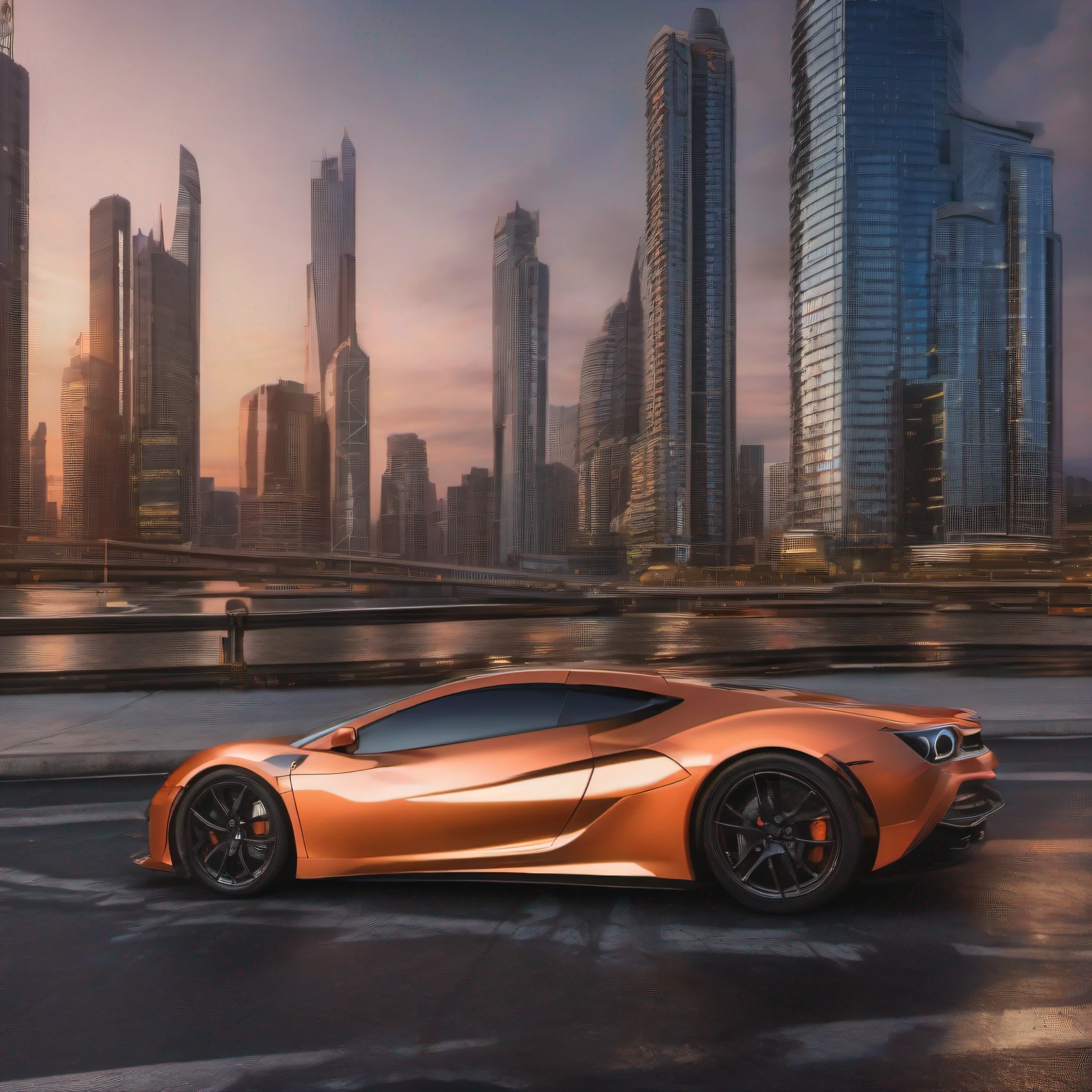 (best quality,4k,8k,highres,masterpiece:1.2),ultra-detailed,(realistic,photorealistic,photo-realistic:1.37),HDR,UHD,studio lighting,ultra-fine painting,sharp focus,physically-based rendering,extreme detail description,professional,vivid colors,bokeh,city, dynamic buildings, futuristic sky scrappers, luxurious sport cars, street, more orange colors, expansive view.