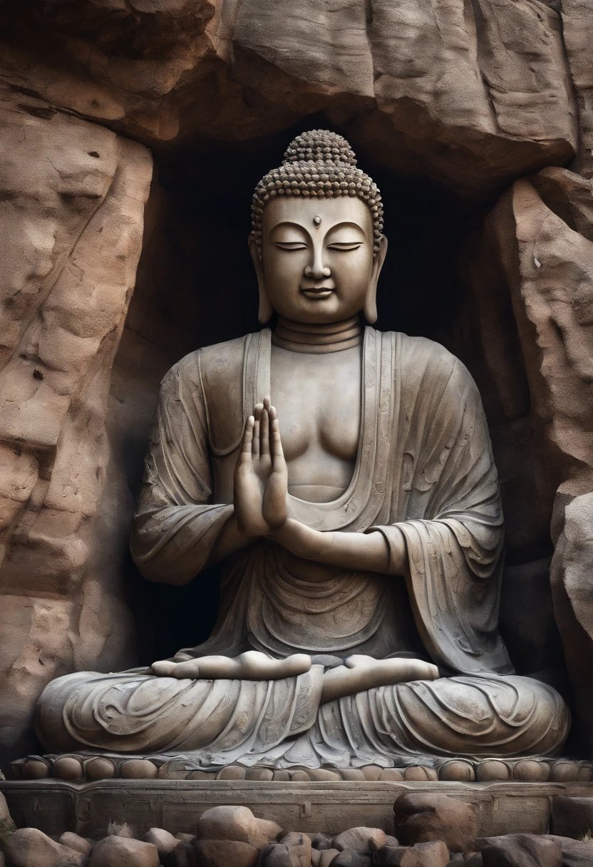 Huge stone carved Buddha statue on a cliff face，A devout admirer under the mountain