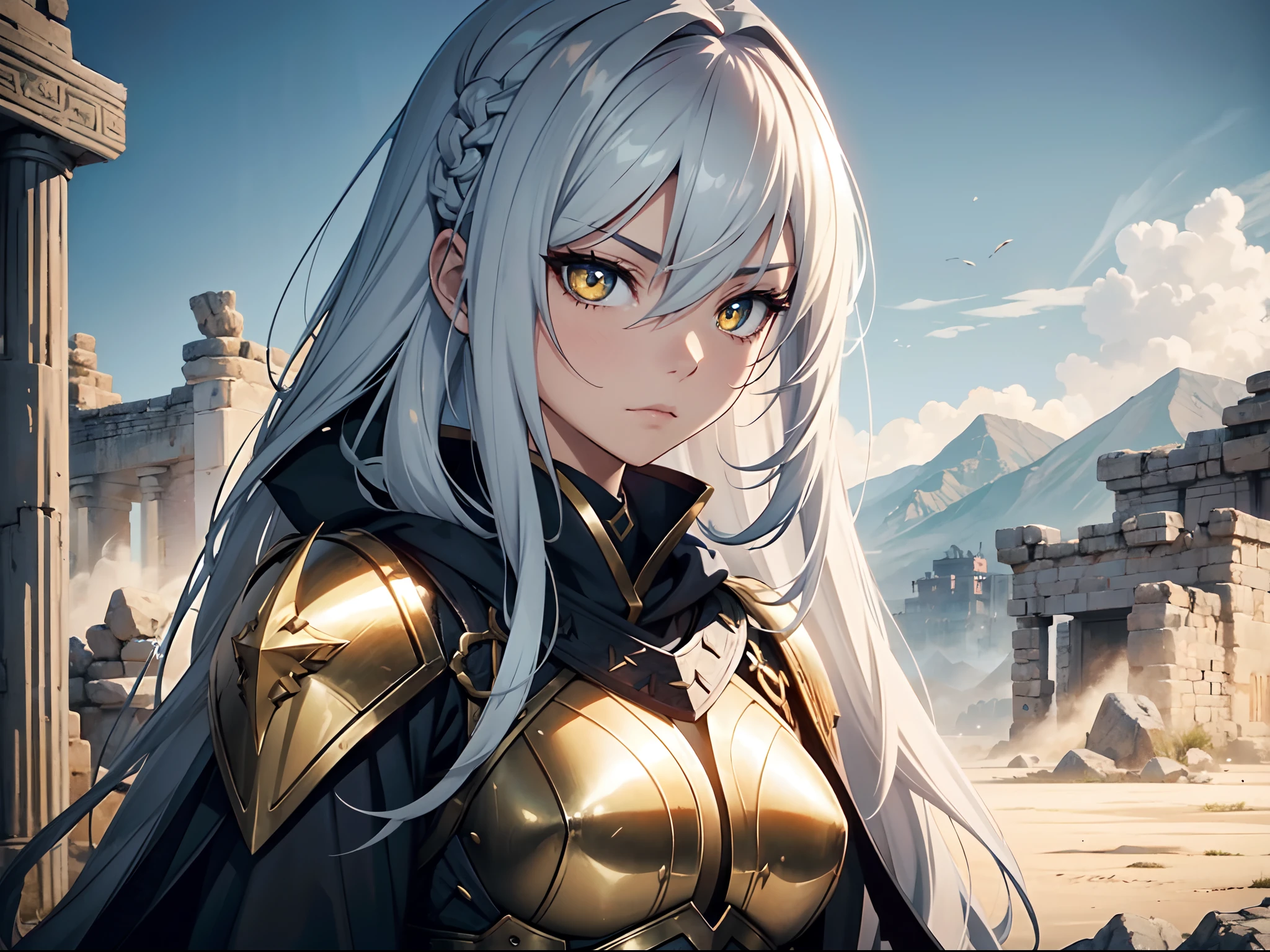 1 girl, Xin from Kingdom anime, armored with warlord armor with a cape, ultra high definition, 8k, handsome,black and yellow pupil eyes, long white hair, ancient kingdom background