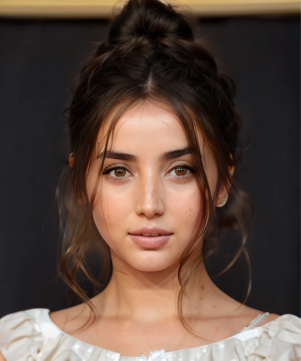 a close up of a woman with a messy bun in her hair, ana de armas portrait, portrait of ana de armas, ana de armas, ana de armas as joan of arc, center parted brown hair, with symmetrical facial features, portrait sophie mudd, center parted curtain bangs, center parted bangs, brown hair and large eyes