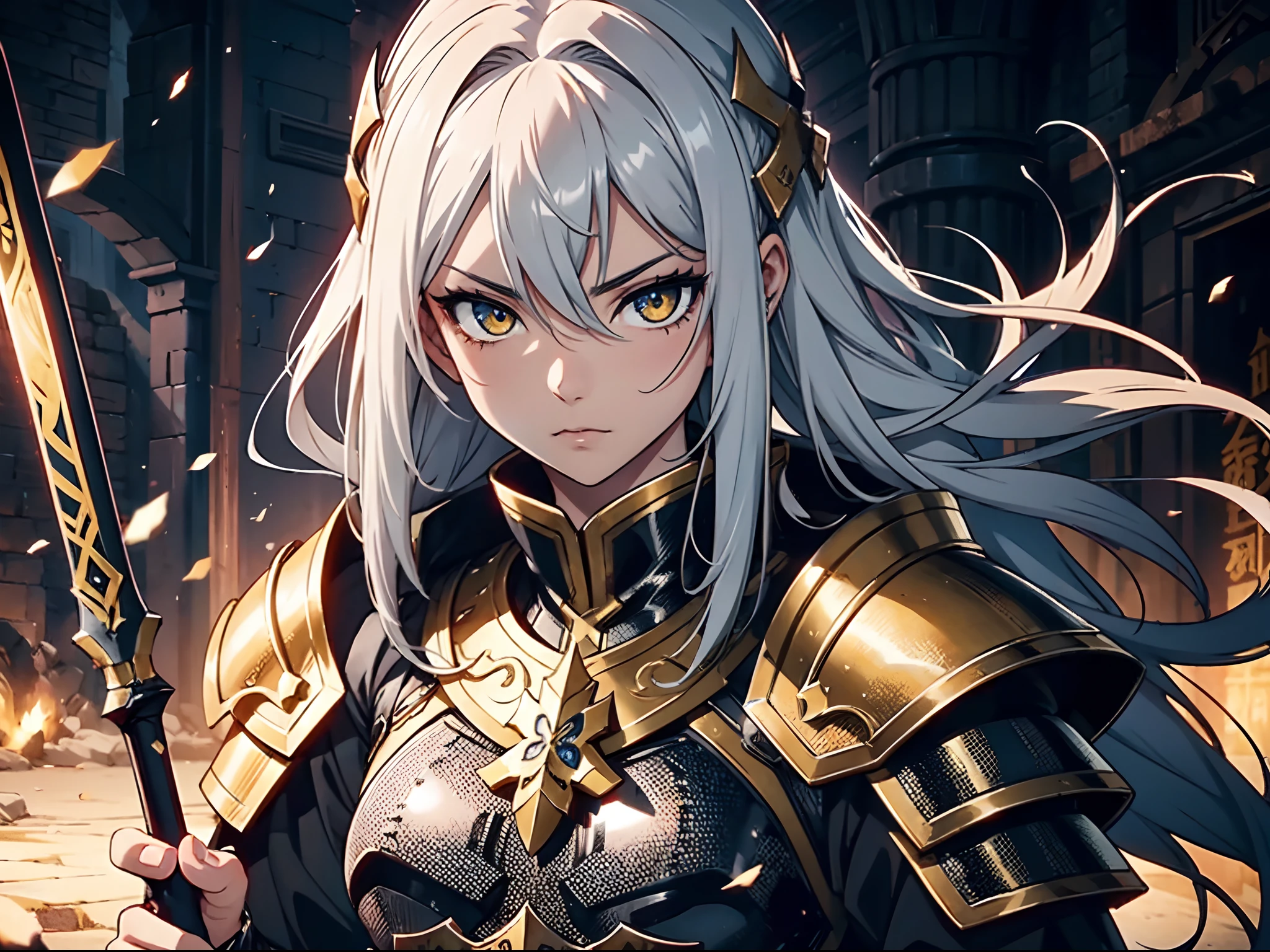 1 girl, Xin from Kingdom anime, armored with warlord armor with a cape, ultra high definition, 8k, handsome,black and yellow pupil eyes, long white hair, ancient kingdom background