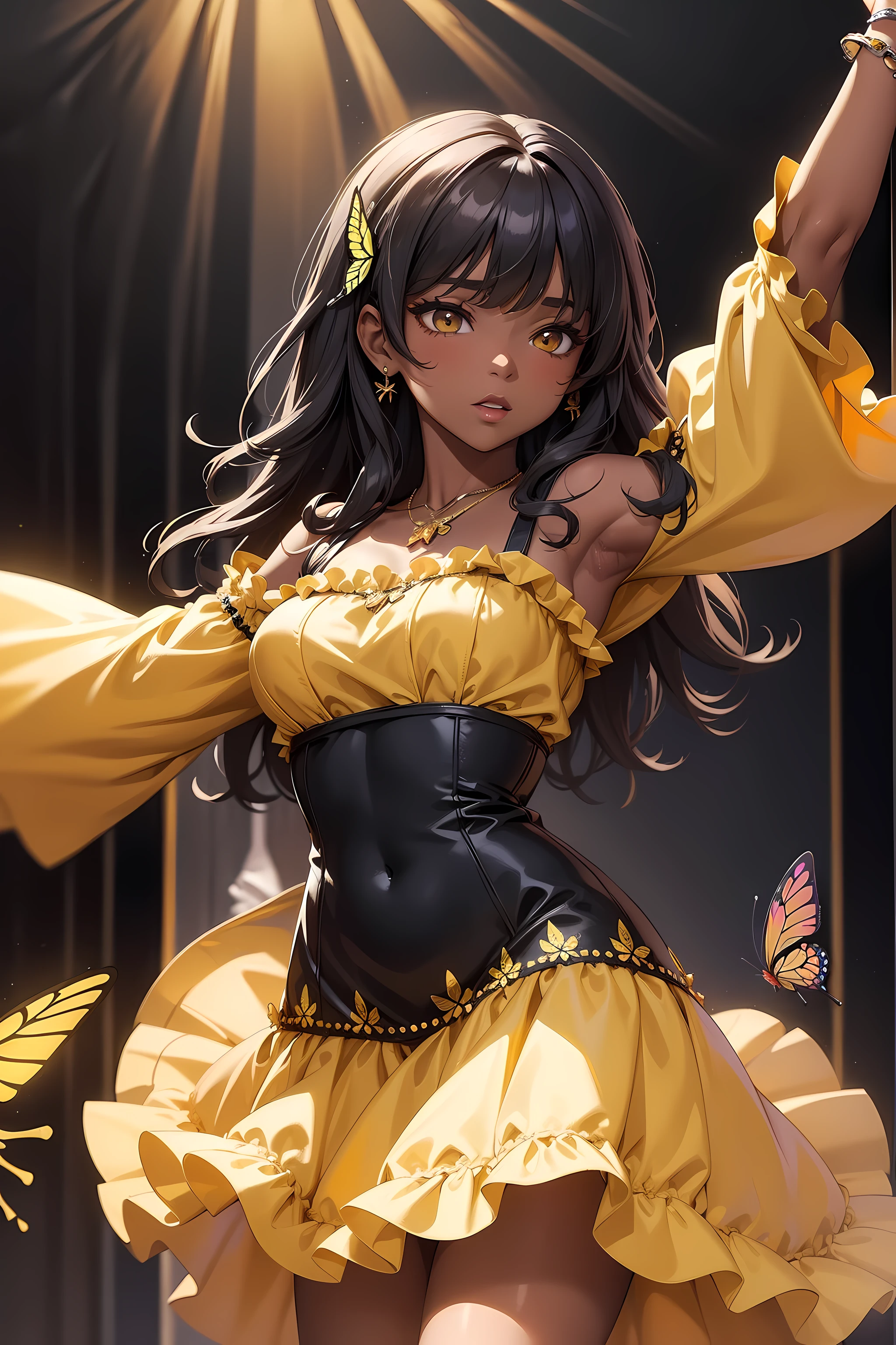 (((Masterpiece))), a influencer woman, top quality, super detailed, sweet and outgoing, club style, dark skin, permed black hair, bangs, Yellow Chiffon Ruched Sleeves Frill Hem Bodycon Dress, butterfly necklace, bow, Dance Club background