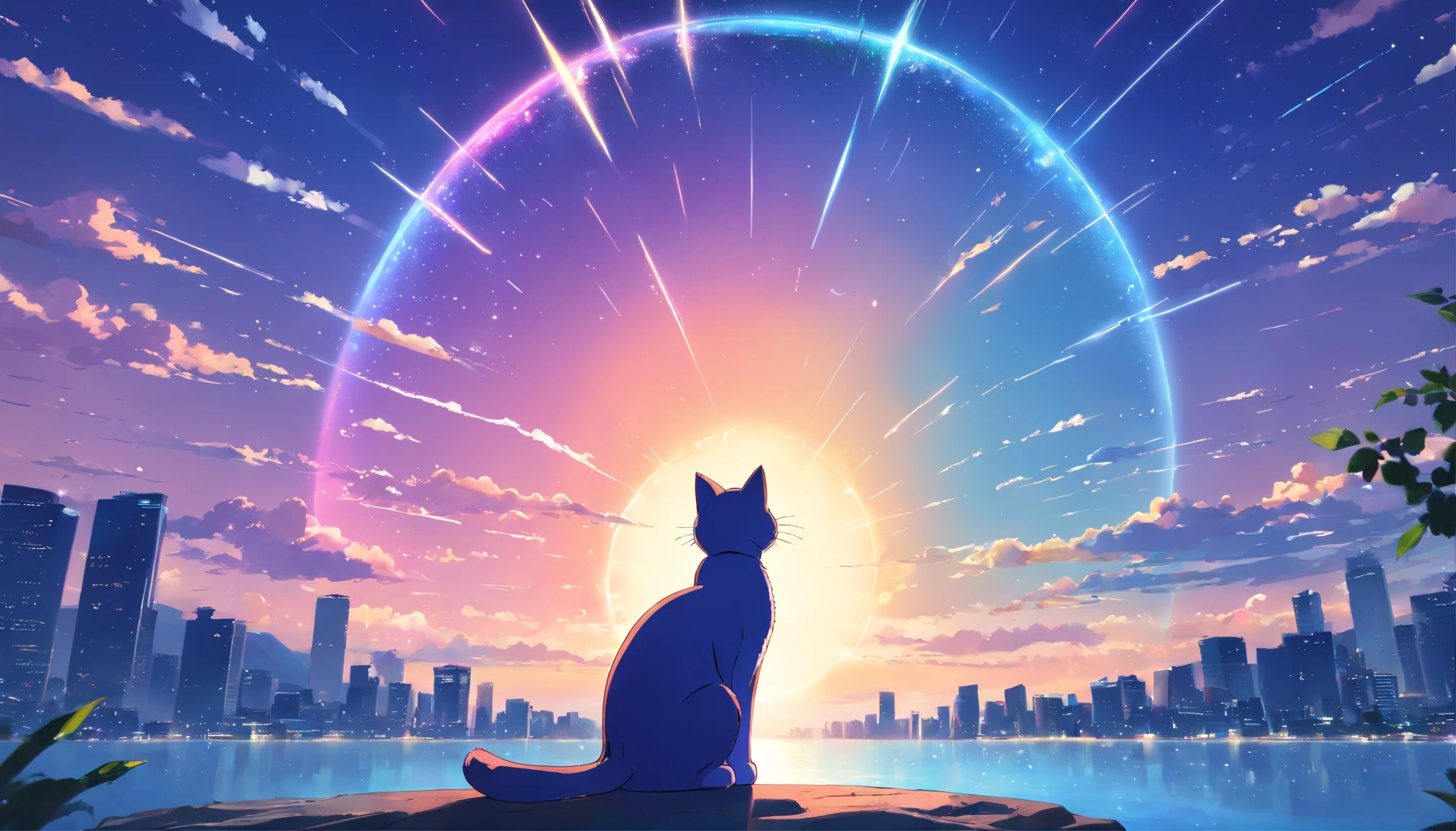 eine Katze，Logo design，Contains an uppercase M，minimal style，Mysterious elements，Chinese Taijitu，Six-pointed star magic array，vectorial，2D，Dark purple background，Fluorescence effect，