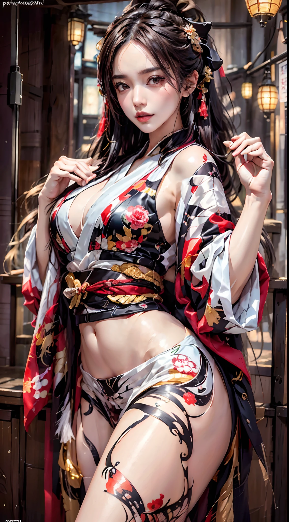photorealistic, high resolution, 1women, mature female, solo, hips up, long hair, tattoo, wearing kimono_clothes
