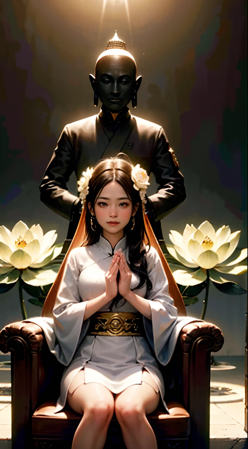 (Chinese immortals), (Buddhism), Multip_Hands,(mythological stories), (bodhisattva), She sits on a lotus, (Three hands on the left,Three hands on the right, Each hand holds a different Buddhist vessel, left right symmetry),(Delicate and beautiful face), (White silk robe)sitting on a lotus flower, Frontal photo,Light smile, neo-classical, OP Art, Chiaroscuro, Cinematic lighting, god light, Ray tracing, character sheets, projected inset, first person perspective, hyper HD, Masterpiece, ccurate, Textured skin, Super detail, High details, High quality, Award-Awarded, Best quality, A high resolution, 8K