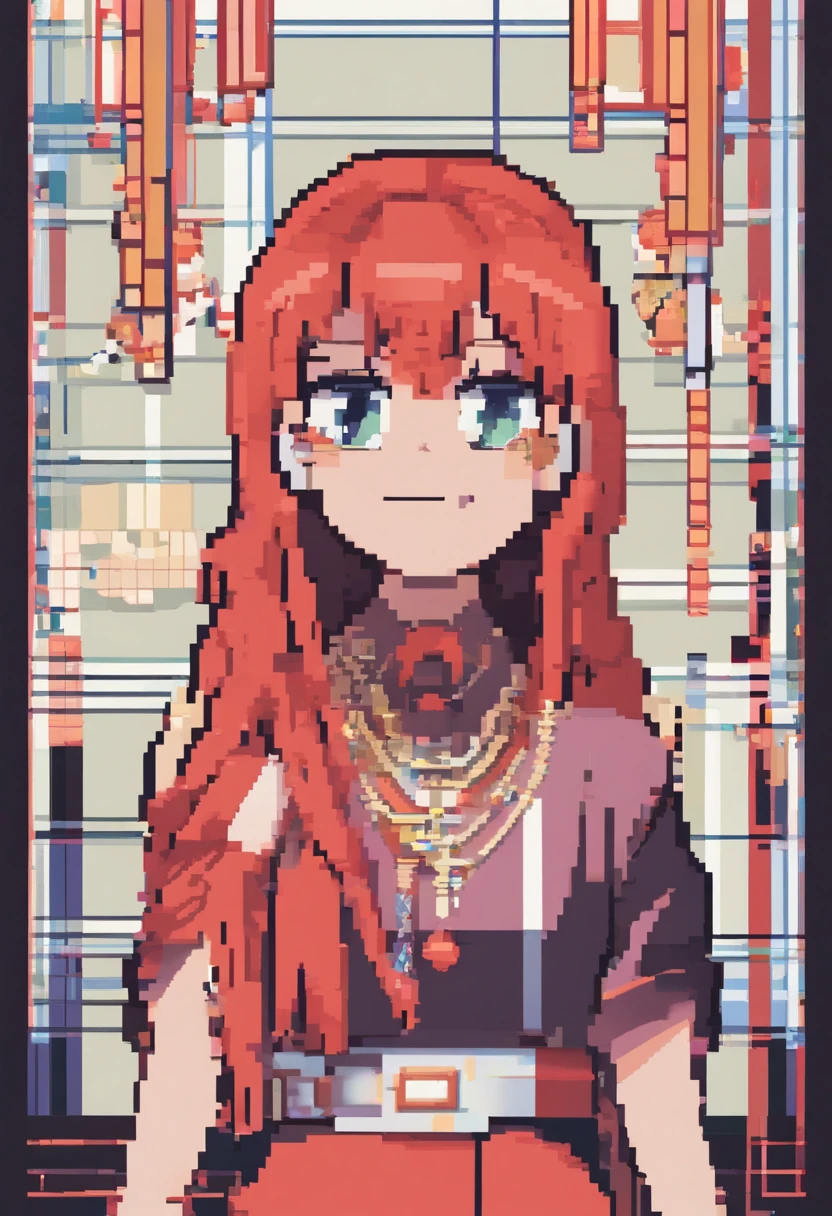 (masutepiece, Best Quality), 1girl in, 鎖骨, Wavy Hair, Looking at Viewer, Blurred foreground, Upper body, Necklace, Contemporary, Plain pants, ((Convoluted, print, Pattern)), Ponytail, hitornfreckles, Red hair, Dappled sunlight, Smile, Happy,