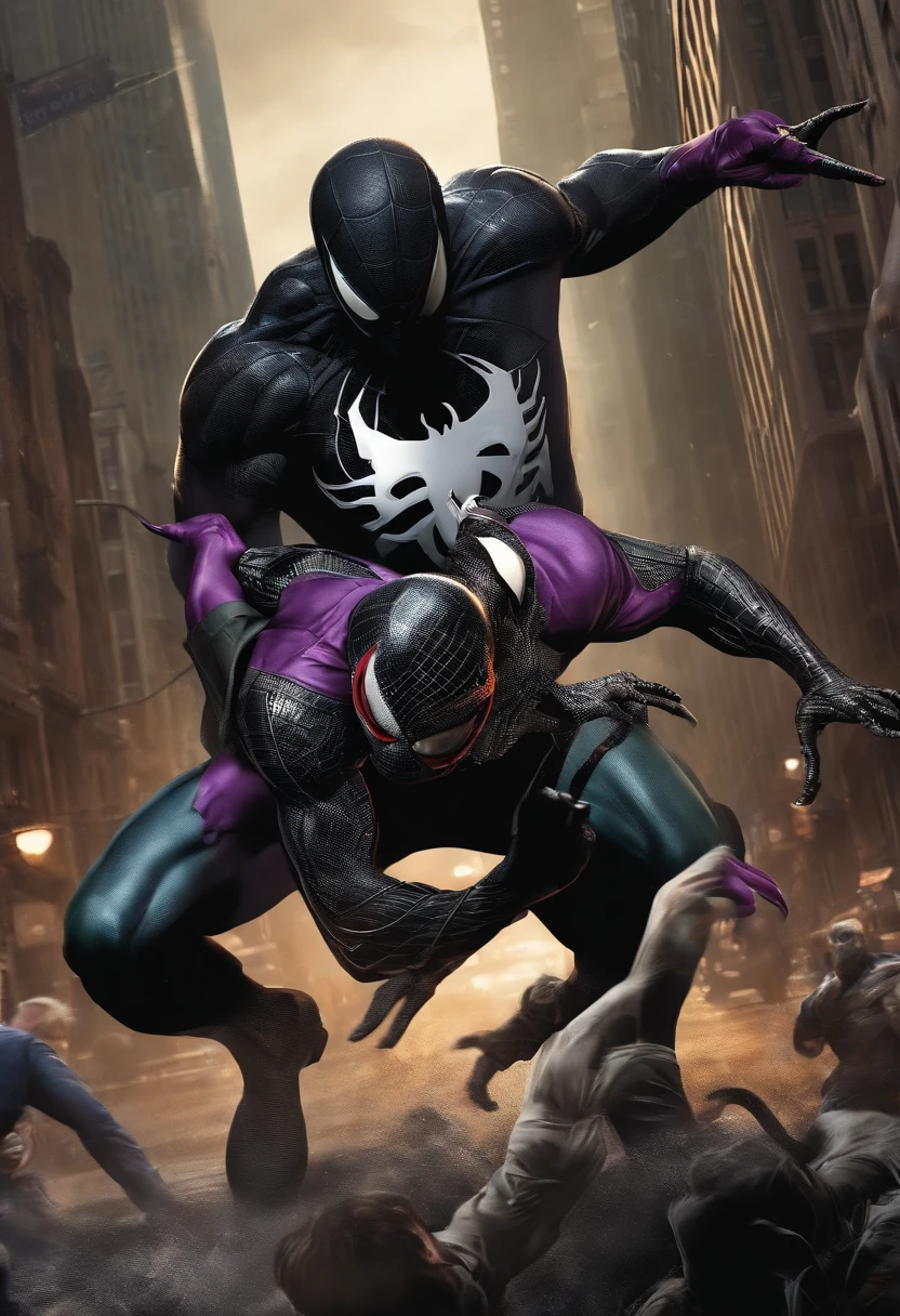 Venom having sex with a man whose face is visible, the location is a room coated in black slime, slime, corruption, symbiote, yaoi, 2boys, anal, transformation, torogao, completely_nude, long_tongue, tentacles, tan, large_insertion, high_quality, highres, best_quality, cum_in_ass,