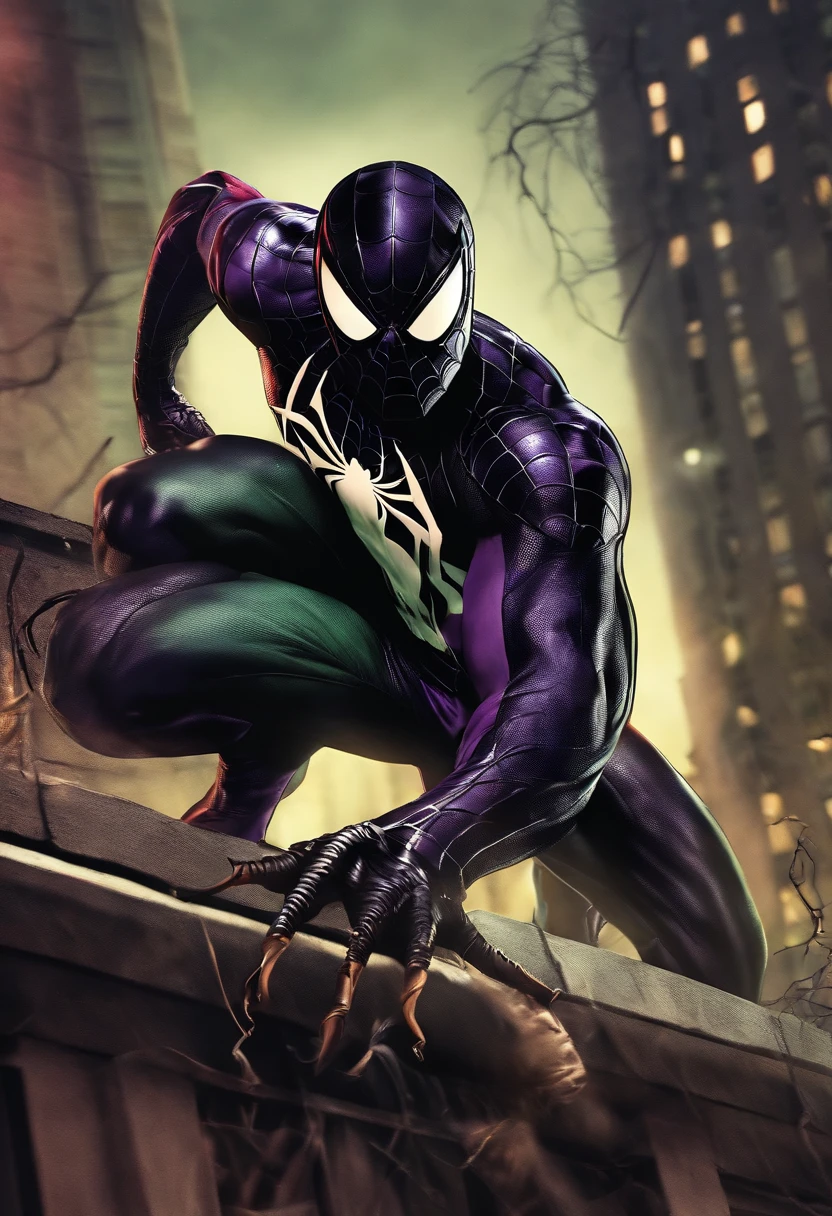 Spider-Man dressed in venom suit, fighting the Joker in gotham city