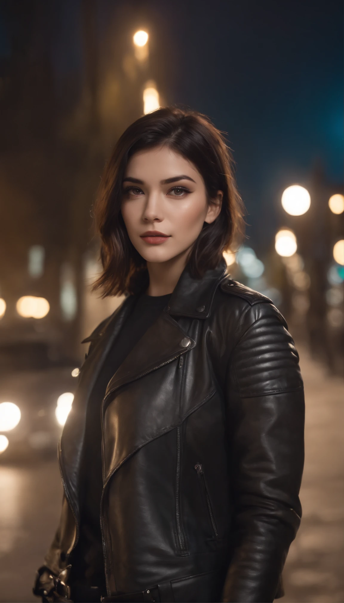 Keep the face , Girl with black short hair, black mask, black eyeliner on her eyes, black tights, black leather jacket, at night, under the illuminated street lamp, girl leaning against the black motorcycle, (((realism))), (((ultra detailed))), (((8k))), (((special lighting))), (((8k lighting)))