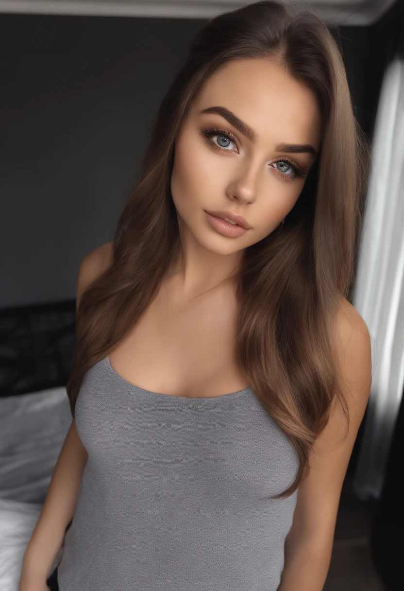 arafed woman with black clothes, sexy girl with brown eyes, portrait sophie mudd, brown hair and large eyes, selfie of a young woman, bedroom eyes, violet myers, without makeup, natural makeup, looking directly at the camera, face with artgram, subtle makeup, stunning full body shot, in bedroom, cleavage