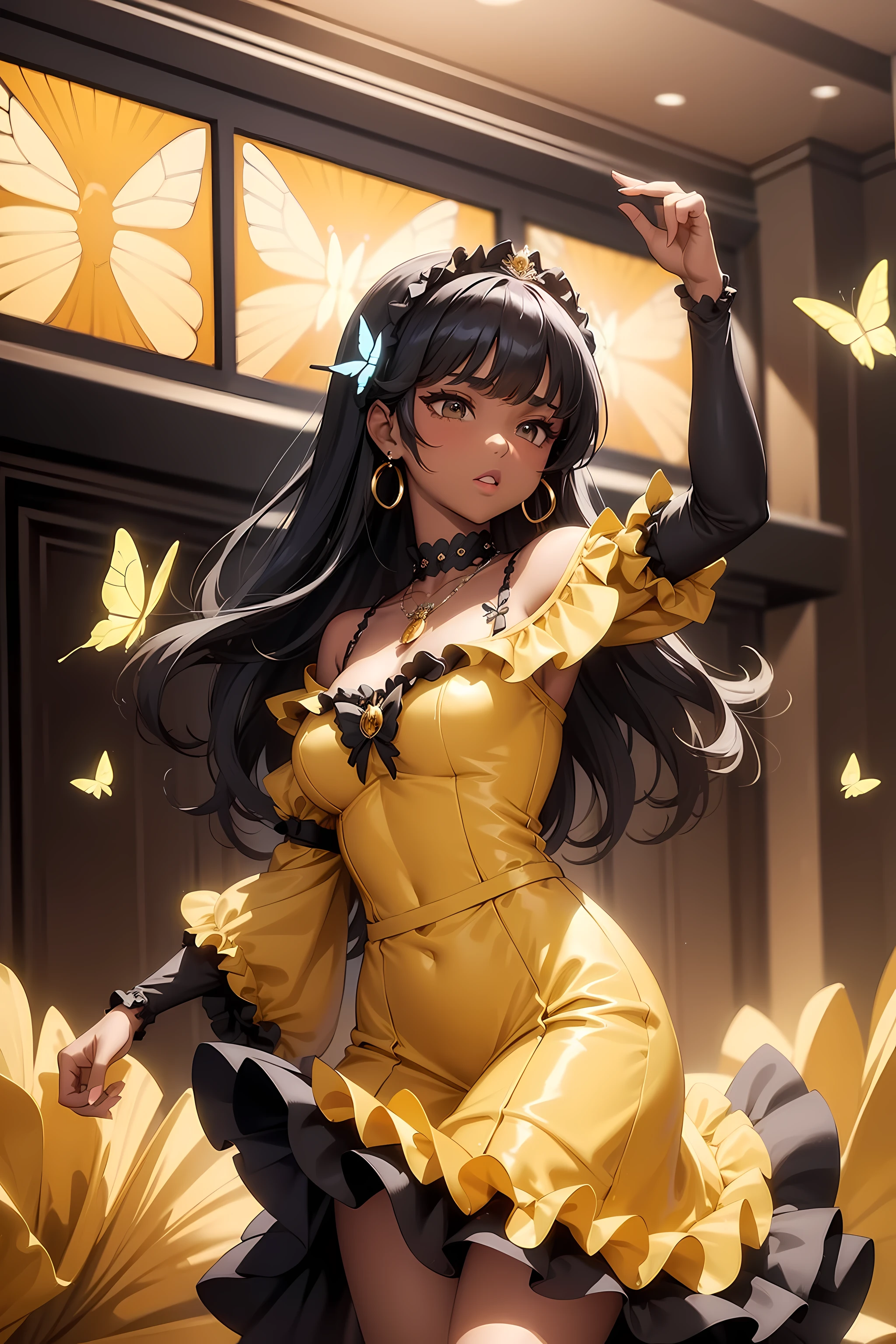 (((Masterpiece))), a influencer woman, top quality, super detailed, sweet and outgoing, club style, dark skin, permed black hair, bangs, Yellow Chiffon Ruched Sleeves Frill Hem Bodycon Dress, butterfly necklace, bow, Dance Club background