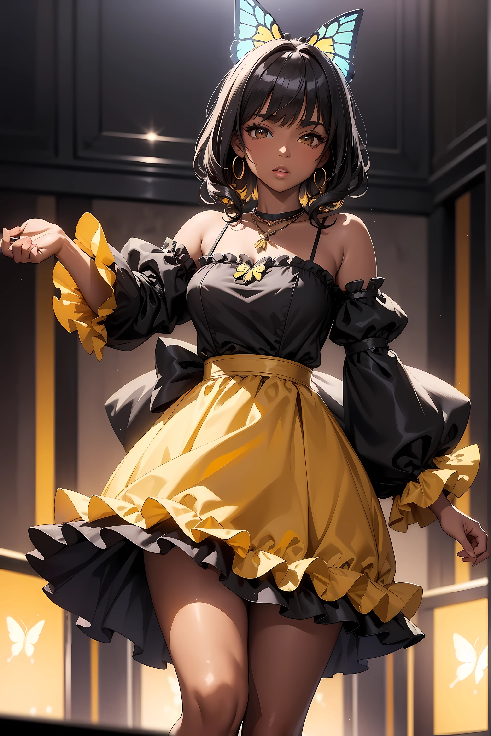 (((Masterpiece))), a influencer woman, top quality, super detailed, sweet and outgoing, club style, dark skin, permed black hair, bangs, Yellow Chiffon Ruched Sleeves Frill Hem Bodycon Dress, butterfly necklace, bow, Dance Club background