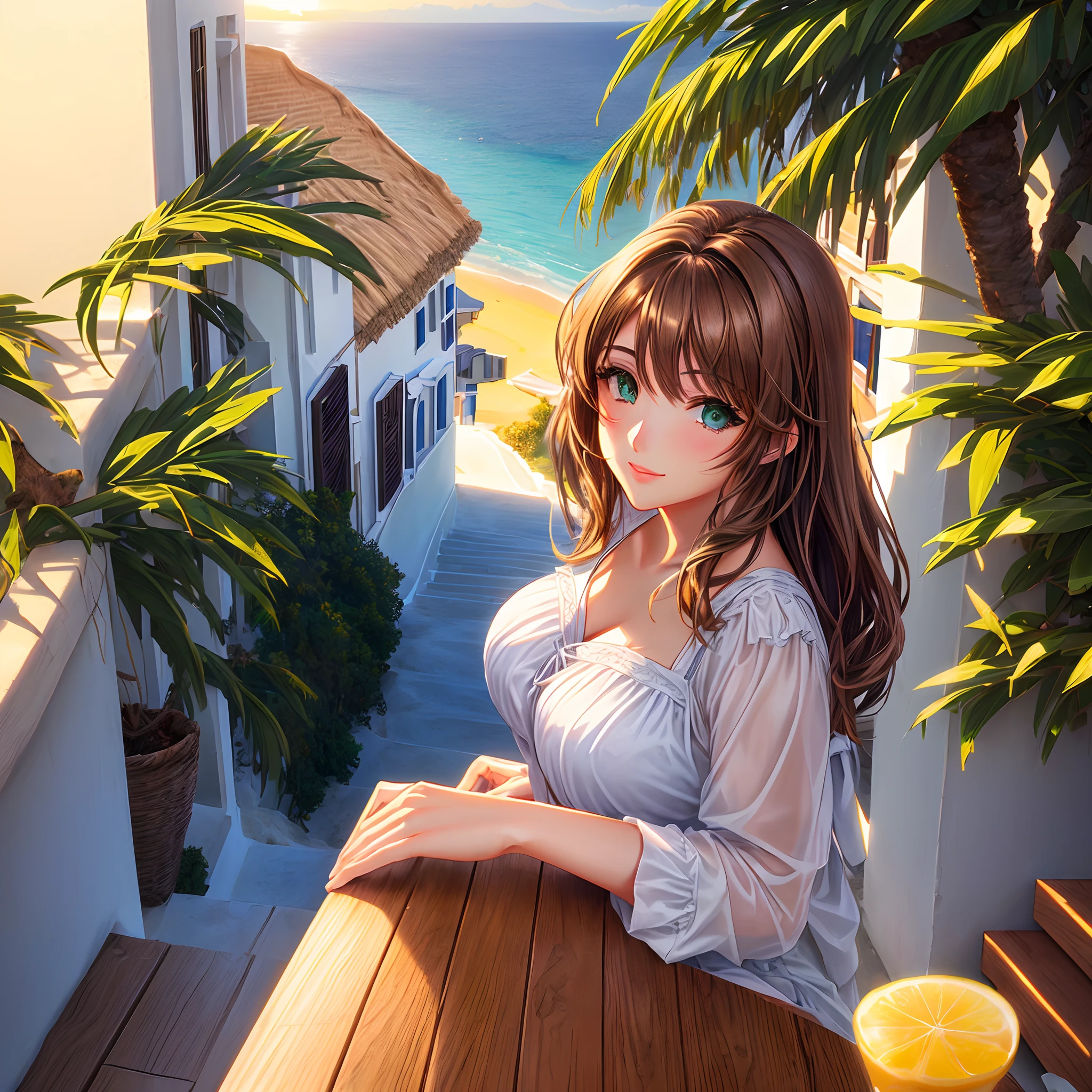Woman in Greece portrait anime green eyes Nikon camera sunset hour realistic photography Beach House at Greek island animation realistic brown hair
