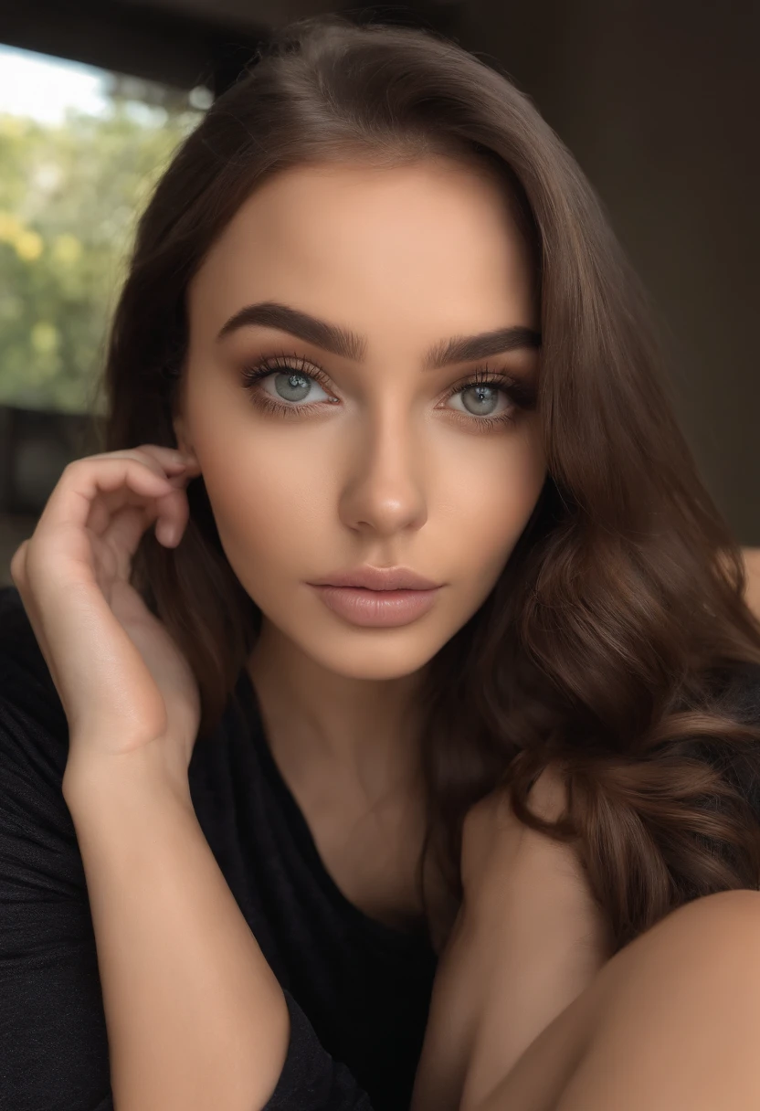 arafed woman with black clothes, sexy girl with brown eyes, portrait sophie mudd, brown hair and large eyes, selfie of a young woman, bedroom eyes, violet myers, without makeup, natural makeup, looking directly at the camera, face with artgram, subtle makeup, stunning full body shot, in bedroom, cleavage