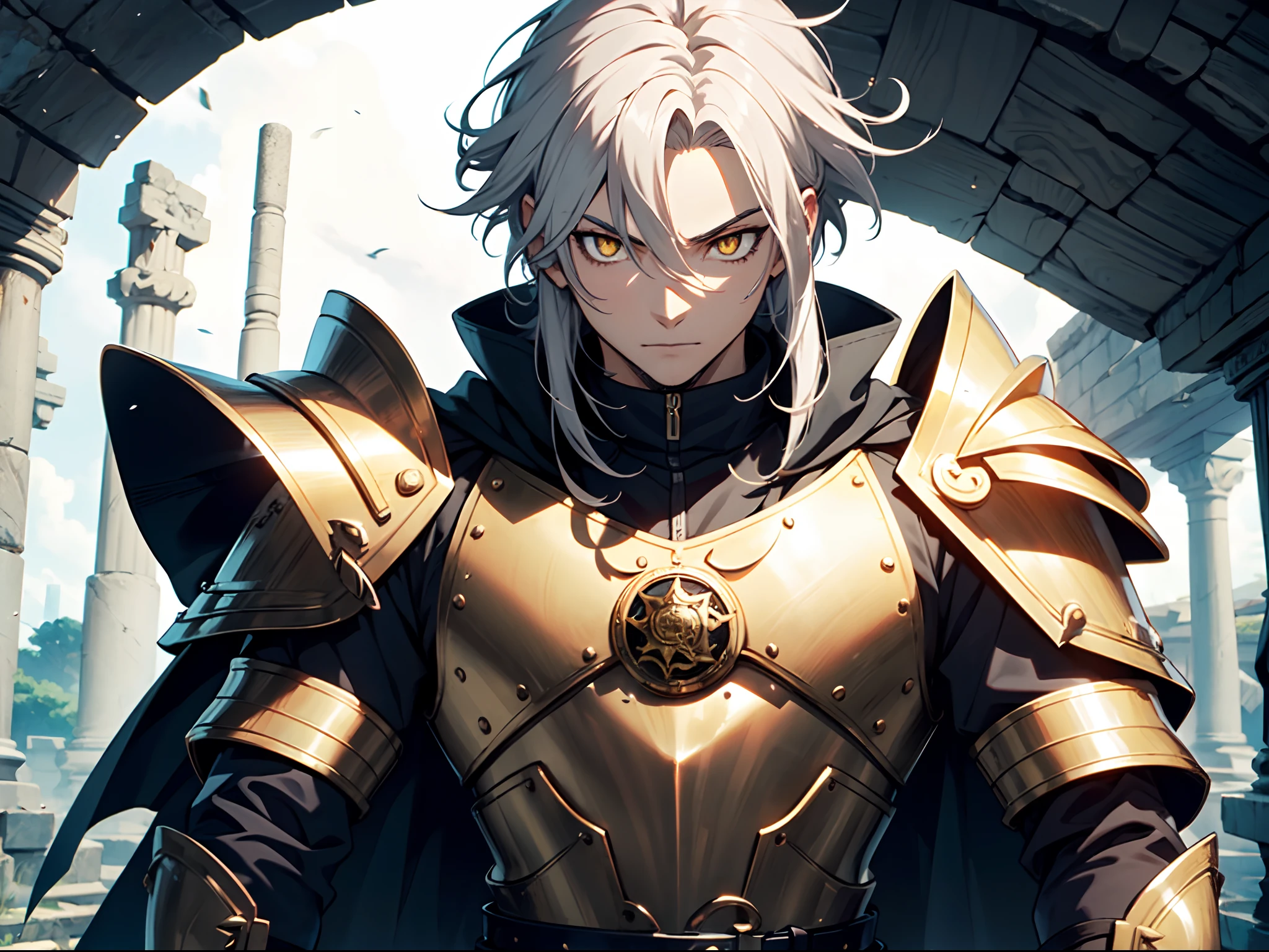 1 boy, Xin from Kingdom anime, armored with warlord armor with a cape, ultra high definition, 8k, handsome,black and yellow pupil eyes, long white hair, ancient kingdom background