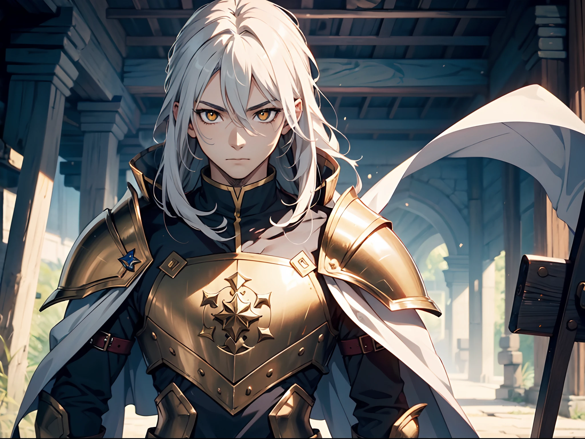 1 boy, Xin from Kingdom anime, armored with warlord armor with a cape, ultra high definition, 8k, handsome,black and yellow pupil eyes, long white hair, ancient kingdom background