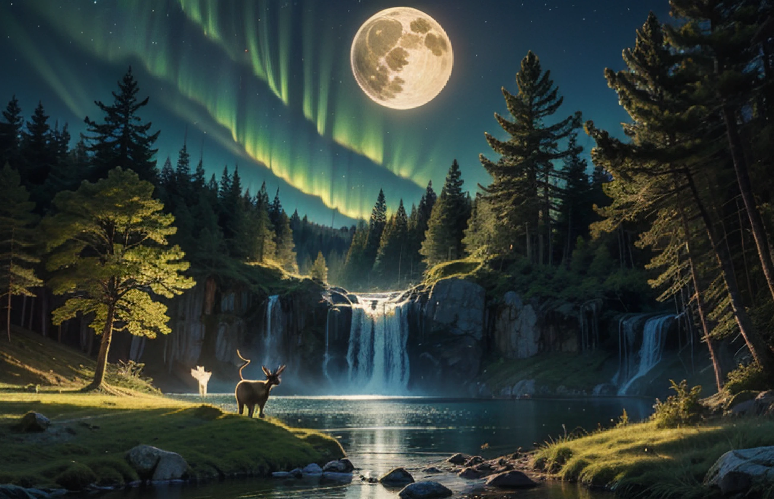 masterpiece, best quality, high quality, cg, 8k, scenery, night, sky, clouds, no man ,lush forest, beautiful waterfall, rainbow, fantasy image, firefly, moonlight, aurora, tree, black snake on tree, apple herd, moose, albino deer, white rabbit,