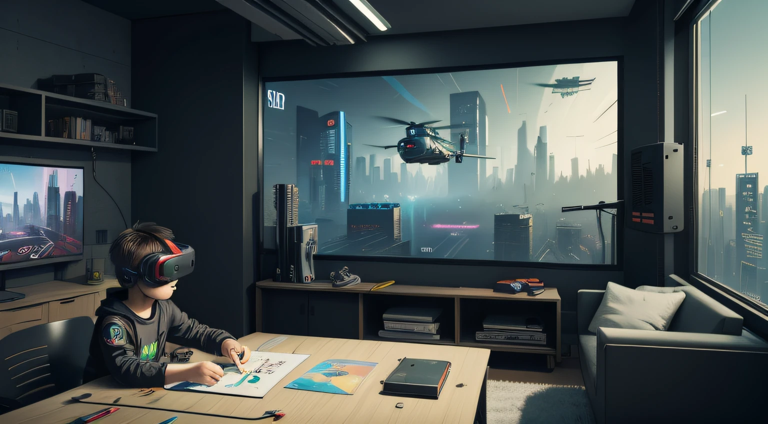 High-tech cyberpunk city,camera,UAVs,inside in room,Drawing board,paint brushes,cartoon image,A Q version of a little boy with VR eyes