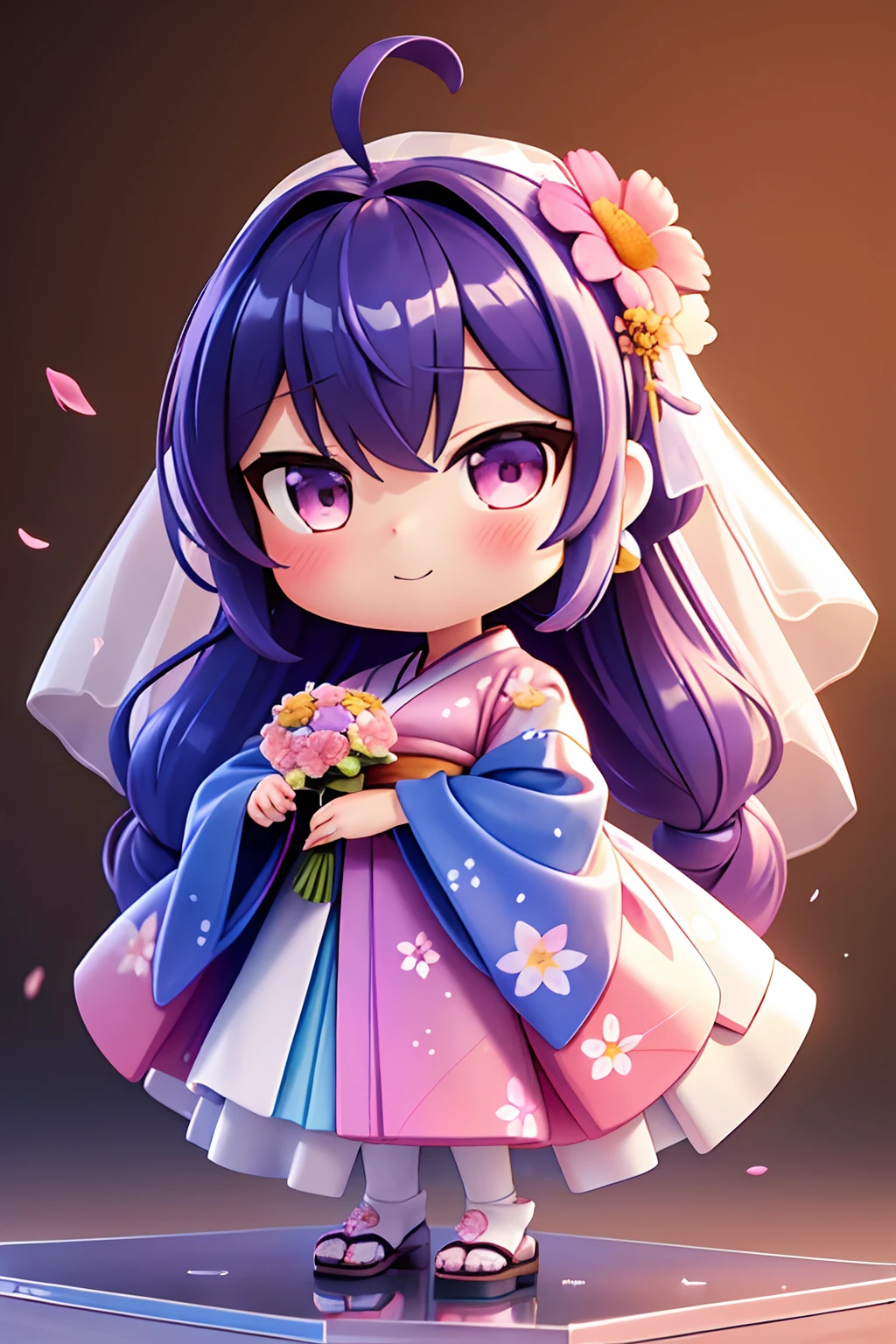 photoRealstic、Nedroid in wedding dress arranged in kimono standing in front of the painting、watercolor Nendoroid、(High Definition Figure)、Flowing iridescent silk、up of face、Eye Up、Colorcon with heart pattern、Floral dress、There are also flowers in front of the nendroids、flower petals、season!!: 夏天☀ 🍂