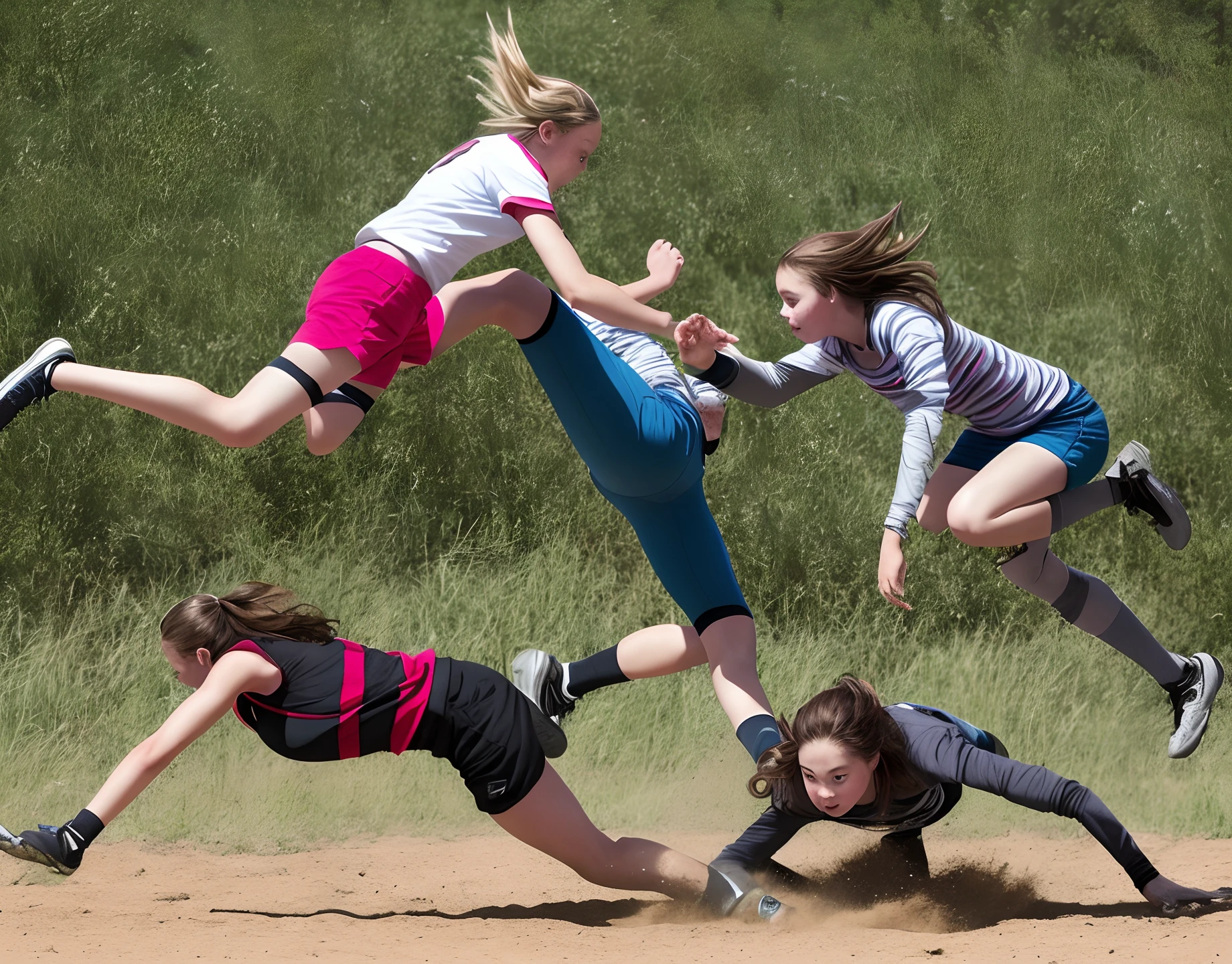 A girl pounces on a girl