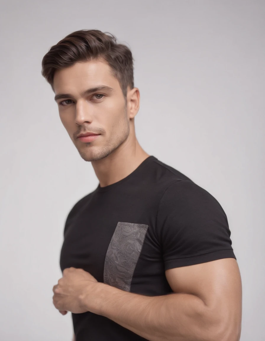 Handsome man wearing black t-shirt on white background, cool style, mixed pattern, marble texture, animated GIF, Harlem Renaissance, naturalistic portrait