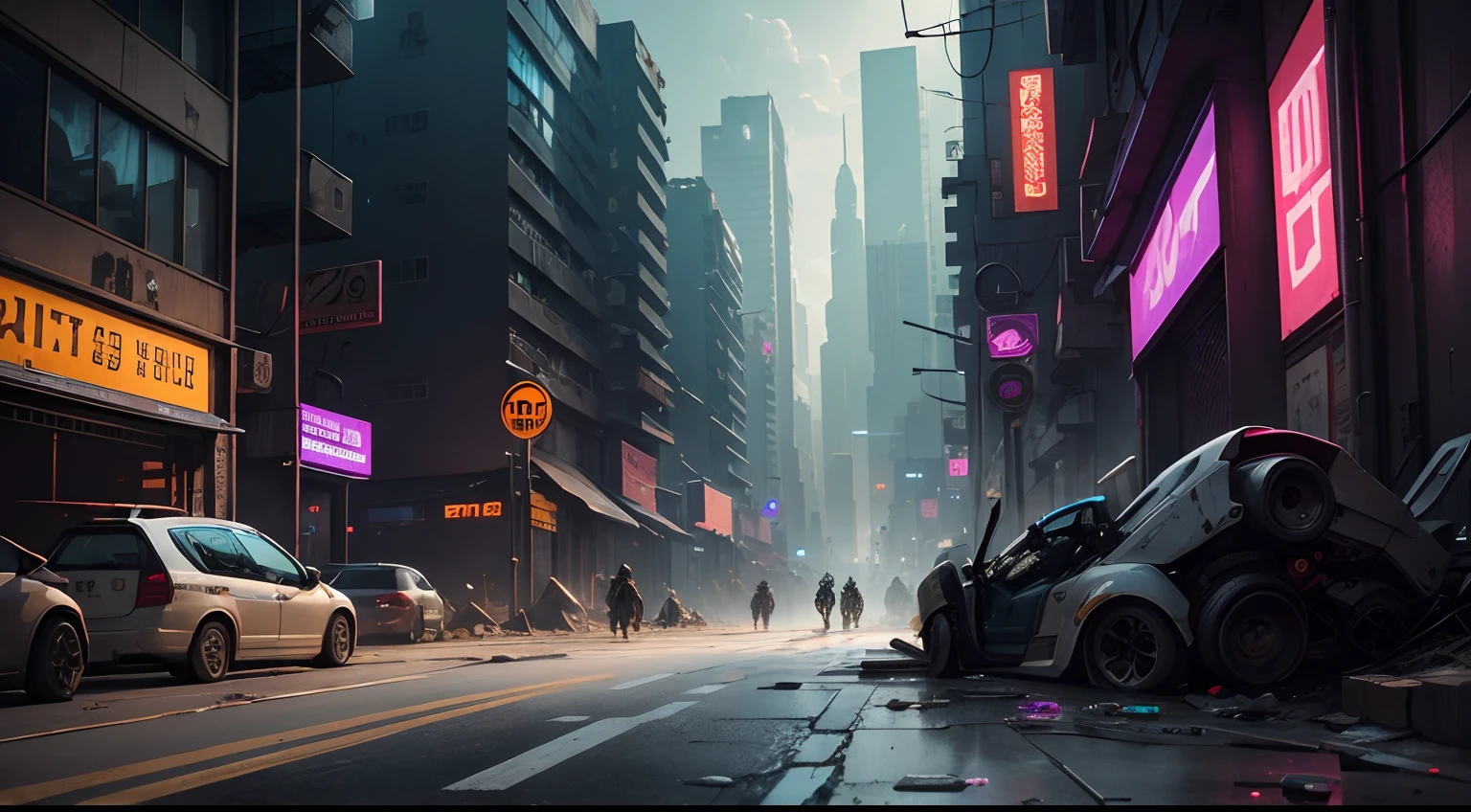 cyberpunk city destroyed with poor people on the streets