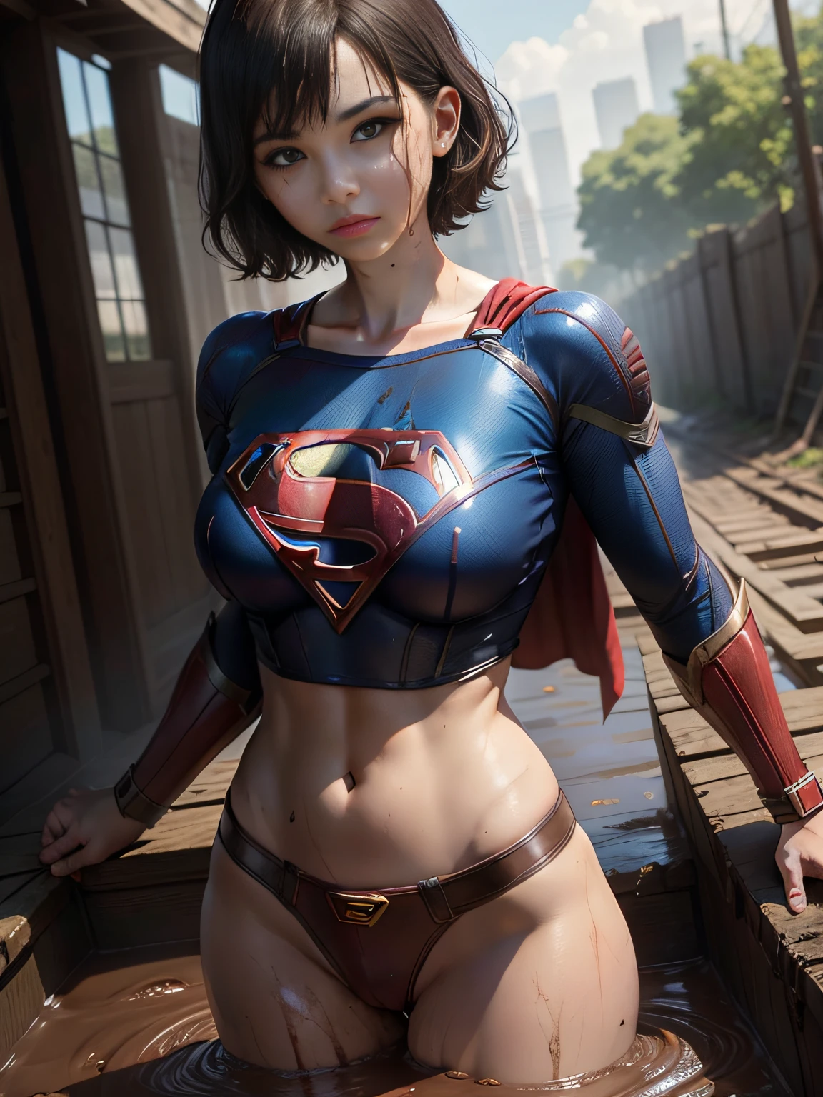 ​masterpiece、Short-haired Supergirl fell into a quagmire、large full breasts、Looking at the camera、Glossy costume、Crotch、Mud stains、Covered in mud、wounded