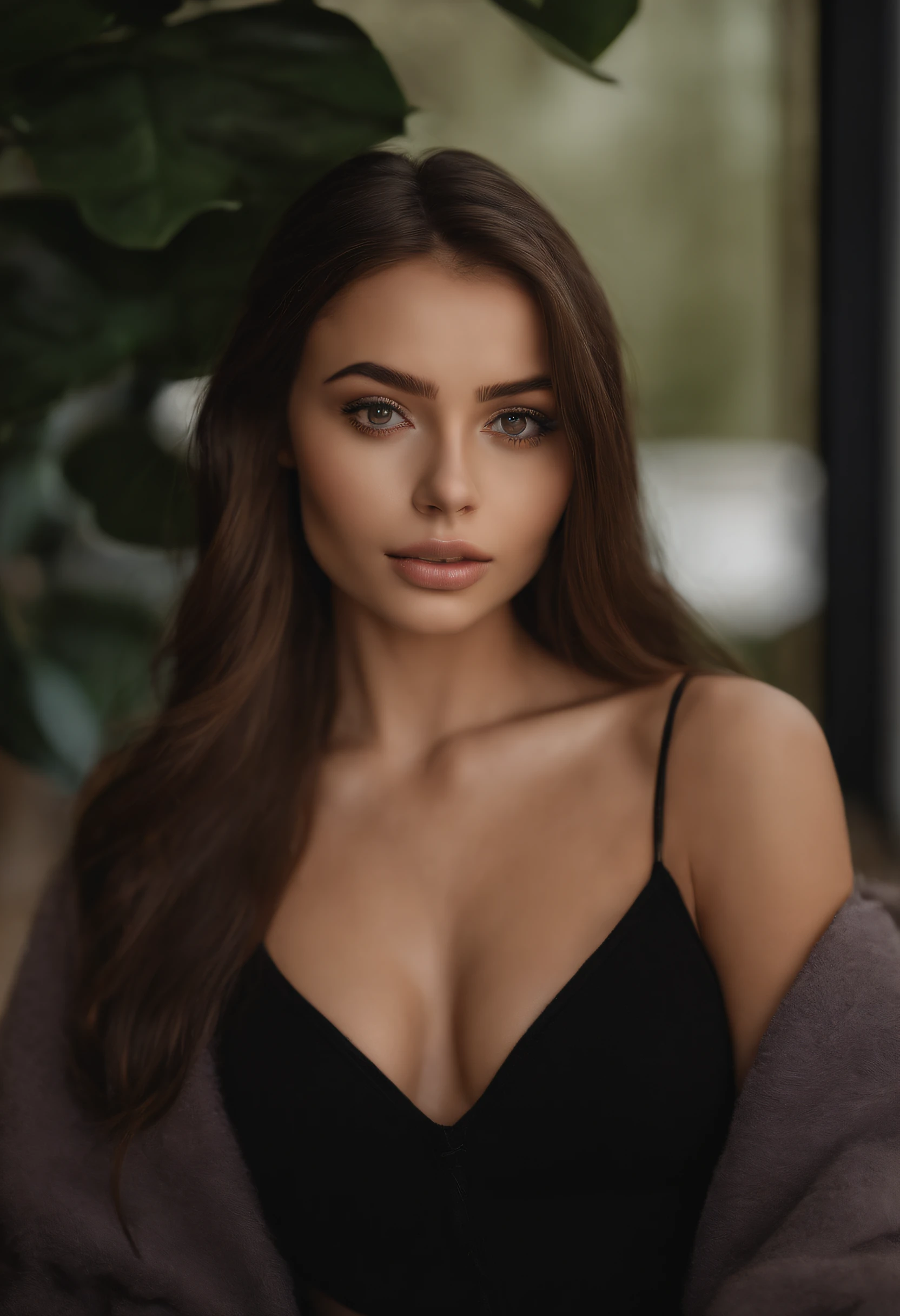 arafed woman with black clothes, sexy girl with brown eyes, portrait sophie mudd, brown hair and large eyes, selfie of a young woman, bedroom eyes, violet myers, without makeup, natural makeup, looking directly at the camera, face with artgram, subtle makeup, stunning full body shot, in bedroom, cleavage