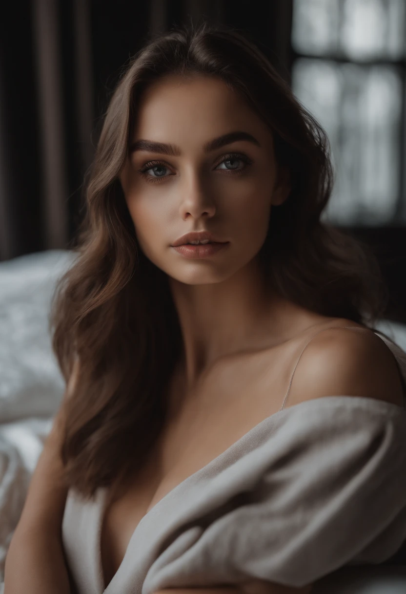 arafed woman with black clothes, sexy girl with brown eyes, portrait sophie mudd, brown hair and large eyes, selfie of a young woman, bedroom eyes, violet myers, without makeup, natural makeup, looking directly at the camera, face with artgram, subtle makeup, stunning full body shot, in bedroom, cleavage